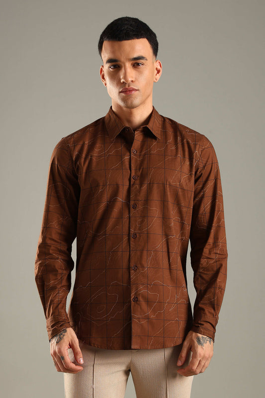 Brown Geometric Topographic Printed Shirt
