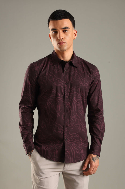 Wine Topographic Pattern Printed Shirt