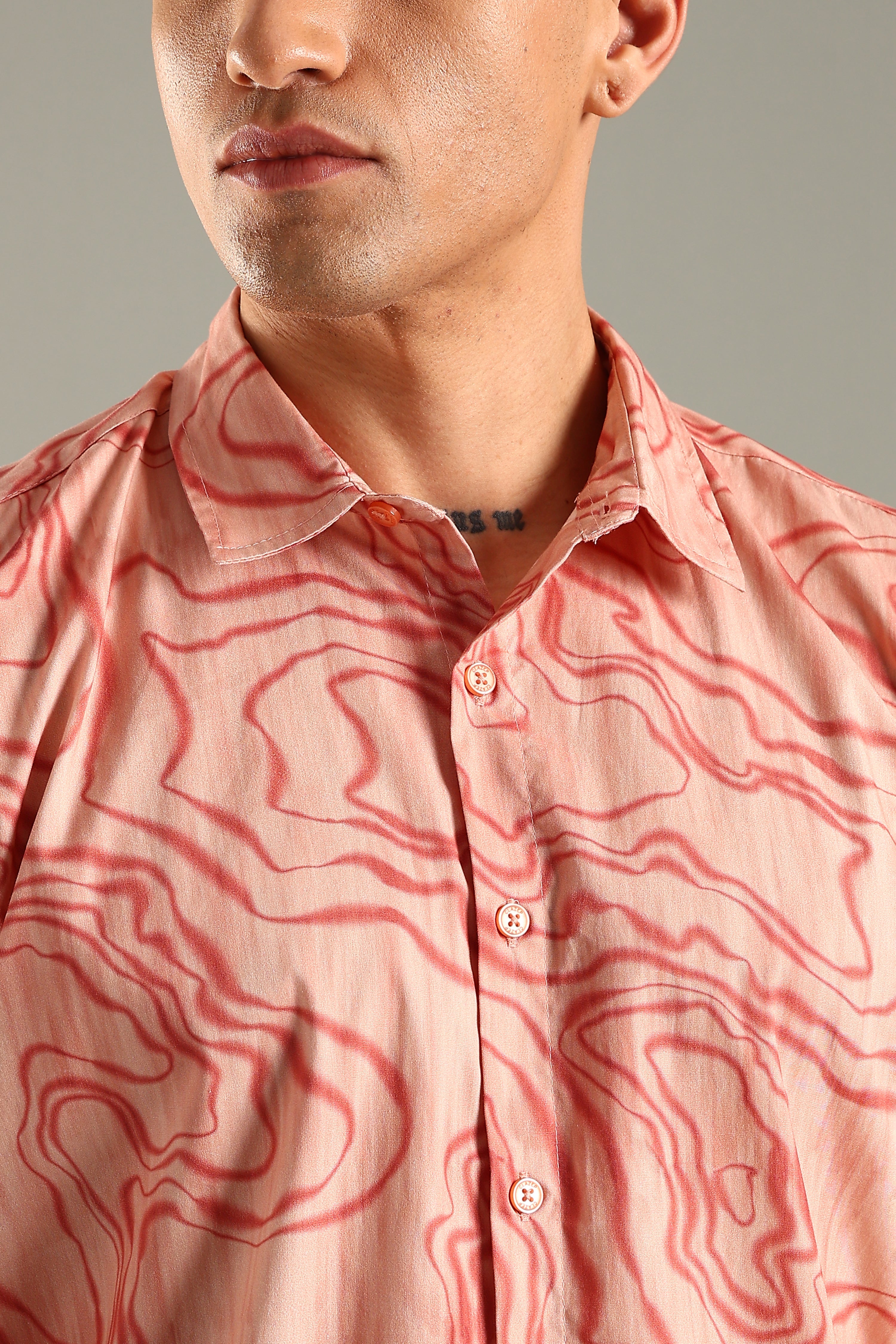 Coral Topographic Pattern Printed Shirt