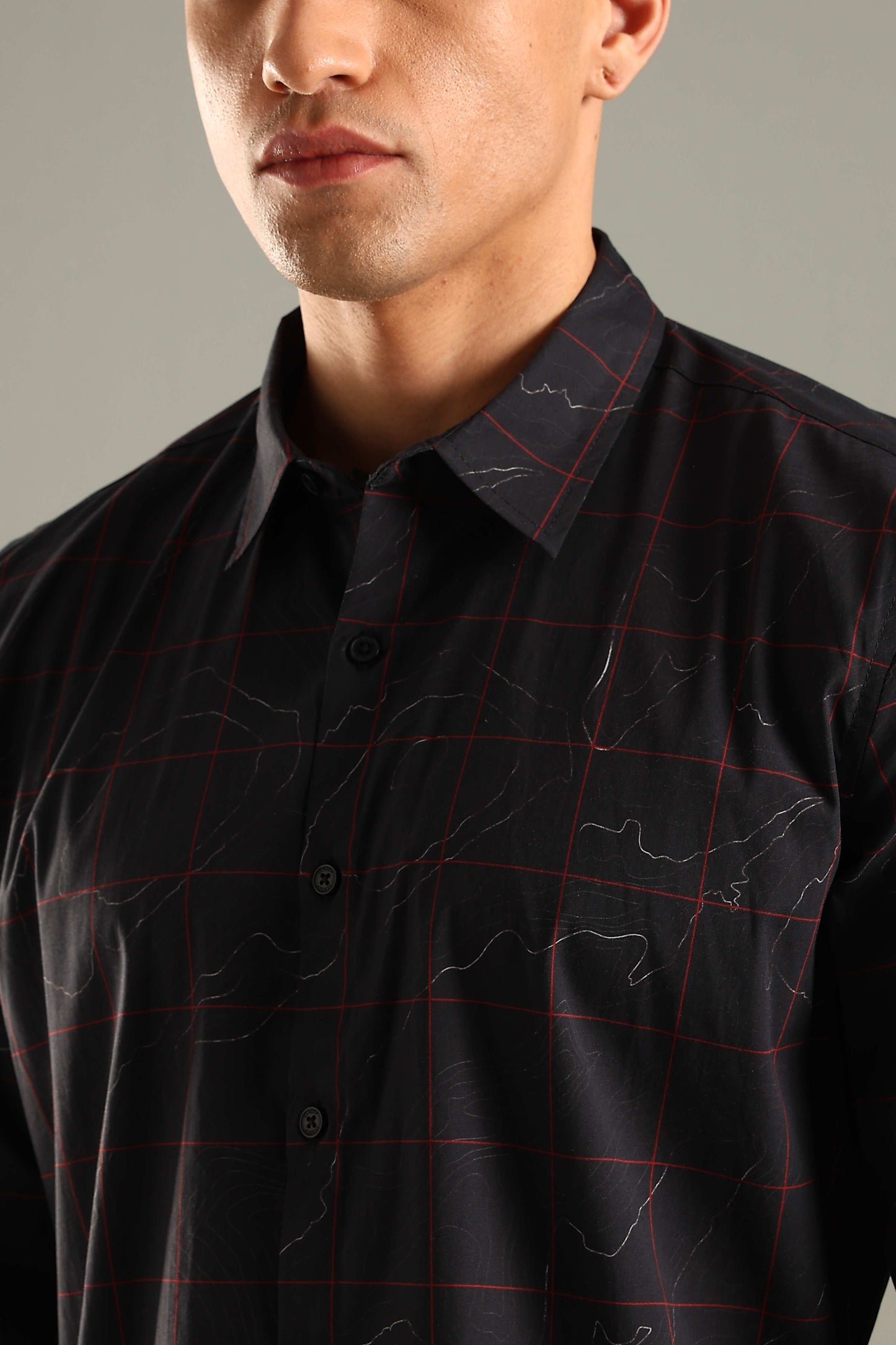 Black Printed Shirt with Red Grid Design