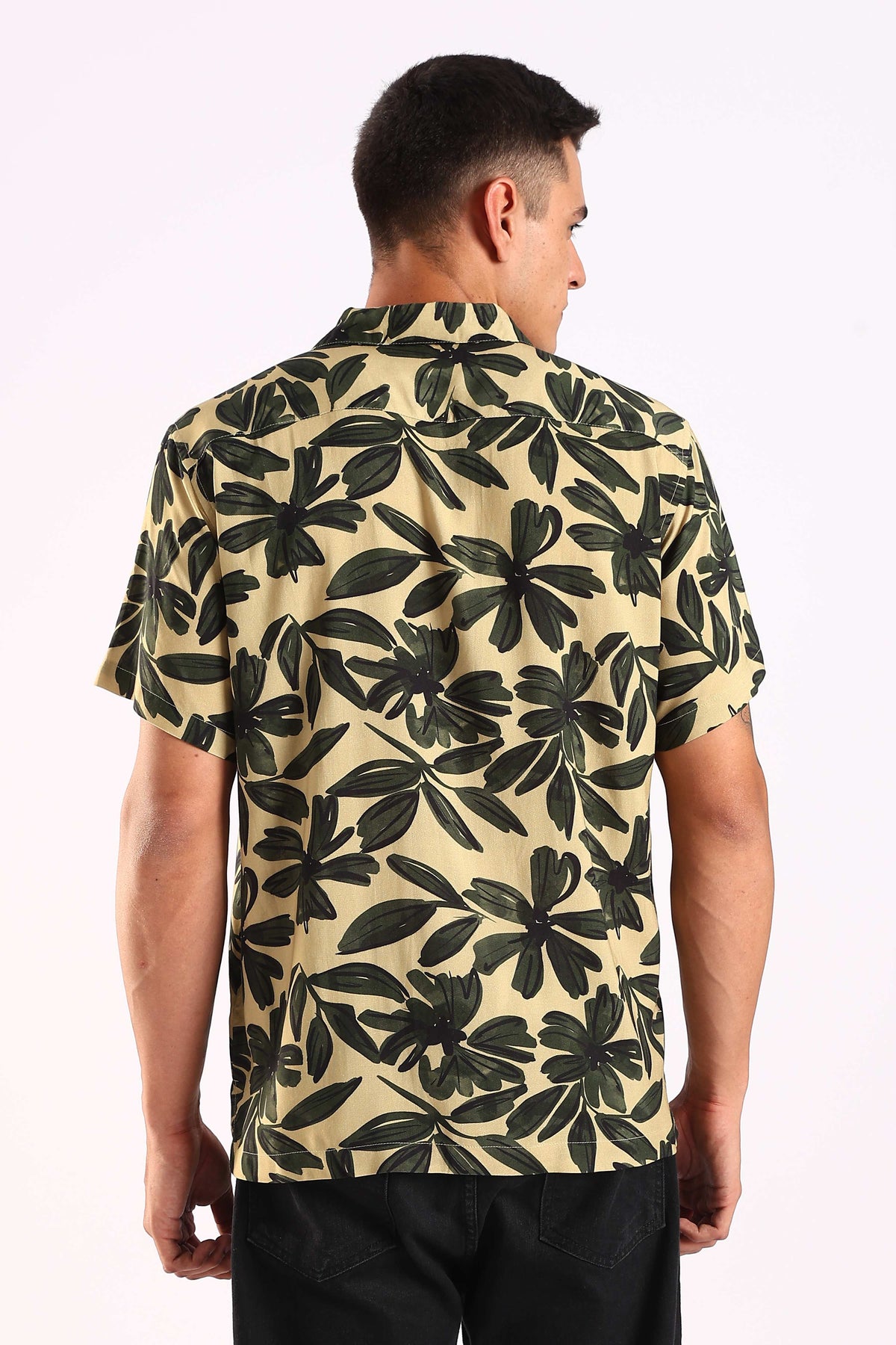 Beige Tropical Leaf Print Half Sleeve Shirt