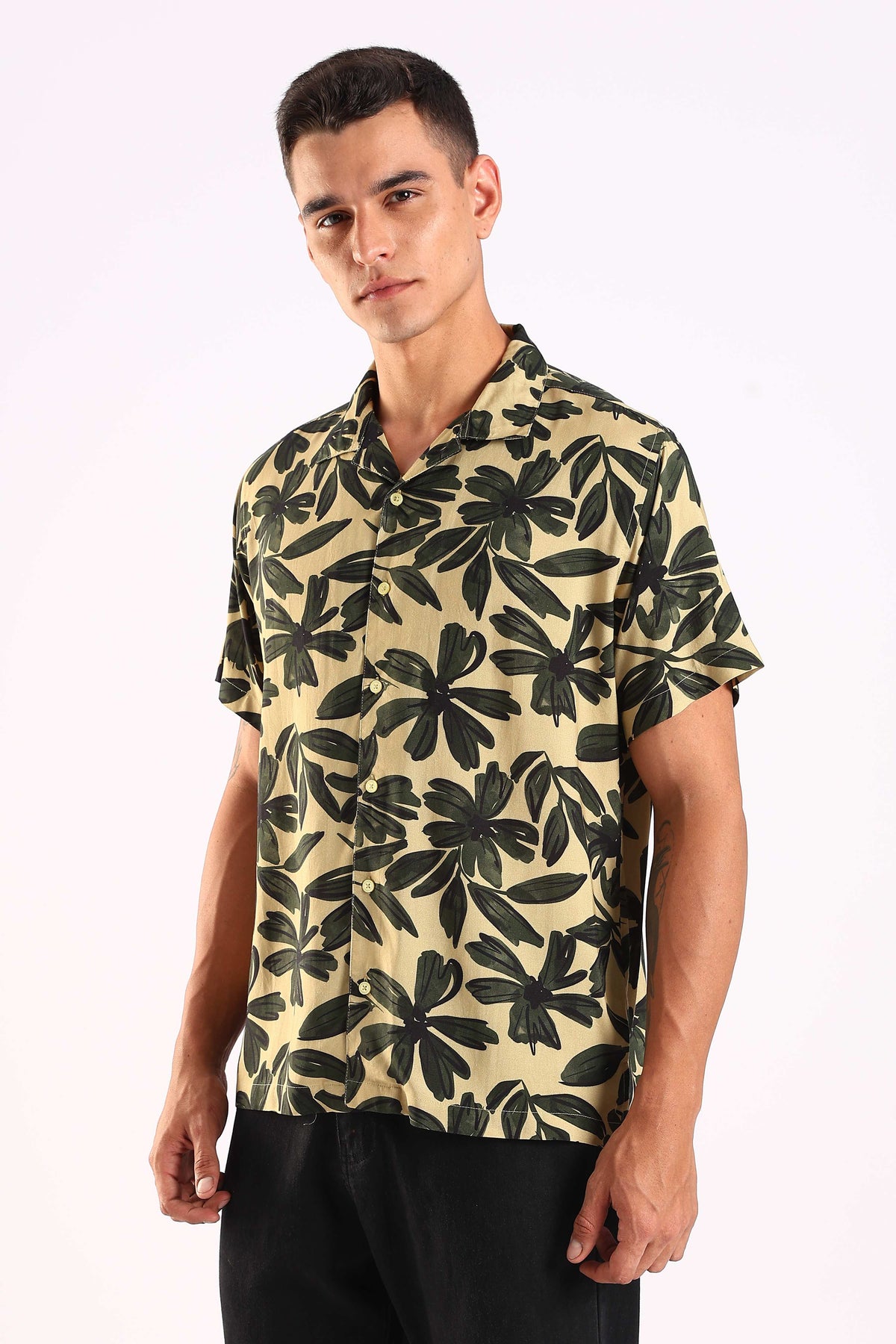 Beige Tropical Leaf Print Half Sleeve Shirt