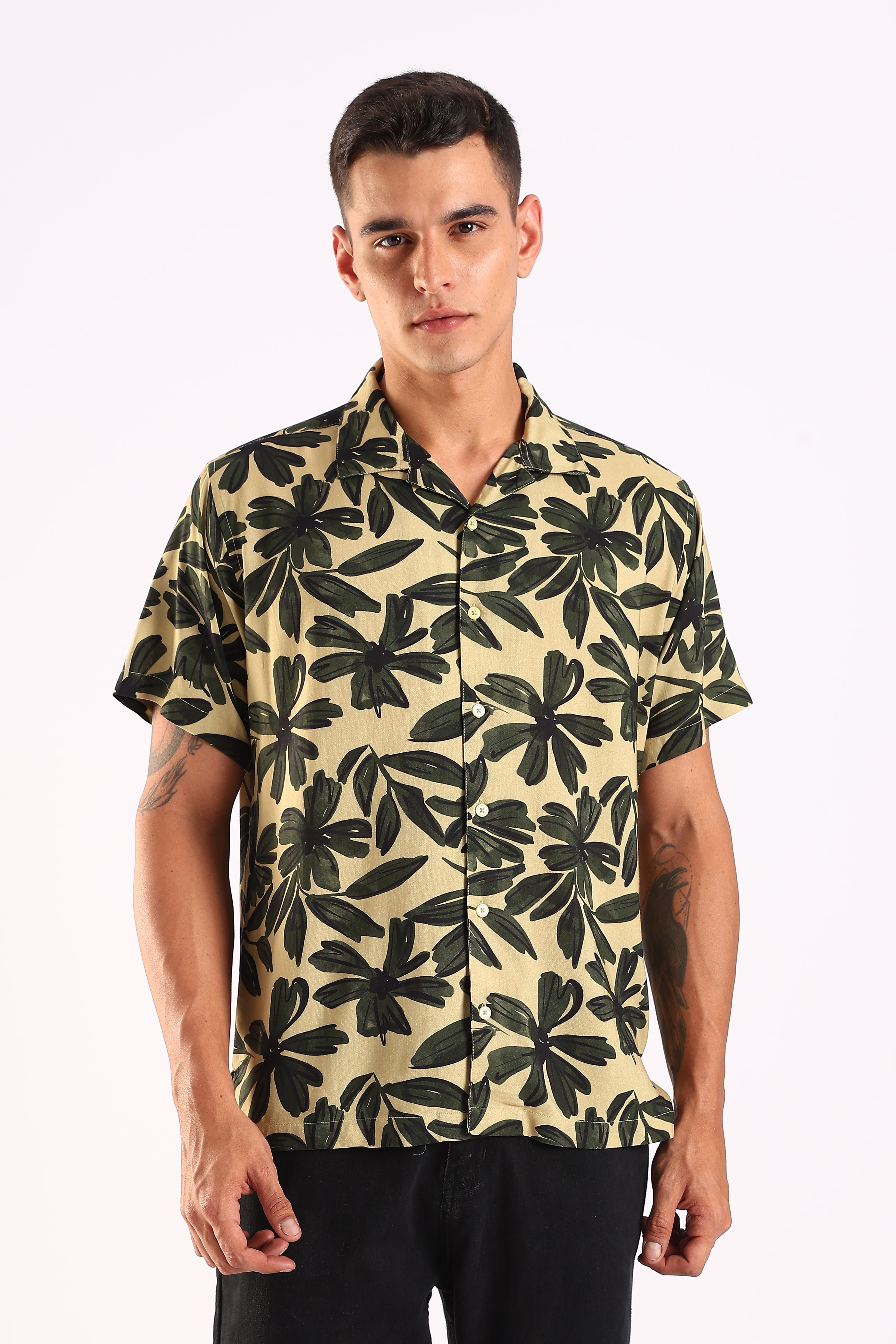 Beige Tropical Leaf Print Half Sleeve Shirt