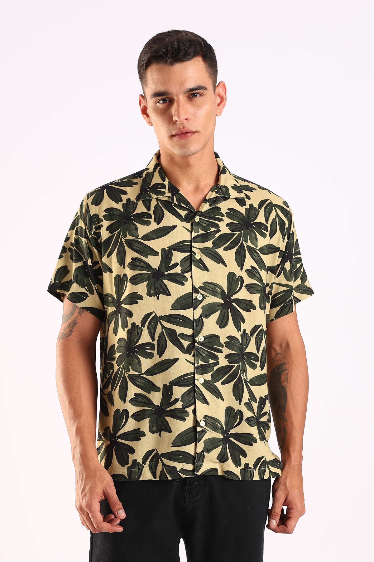 Beige Tropical Leaf Print Half Sleeve Shirt