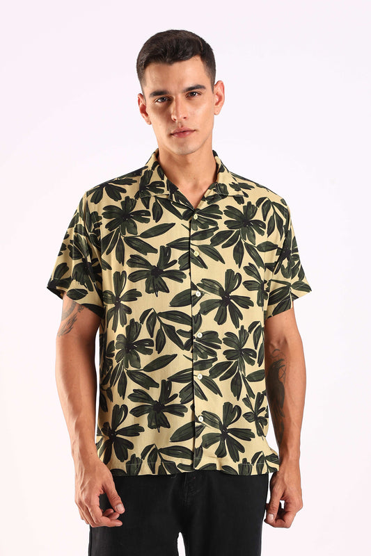 Beige Tropical Leaf Print Half Sleeve Shirt