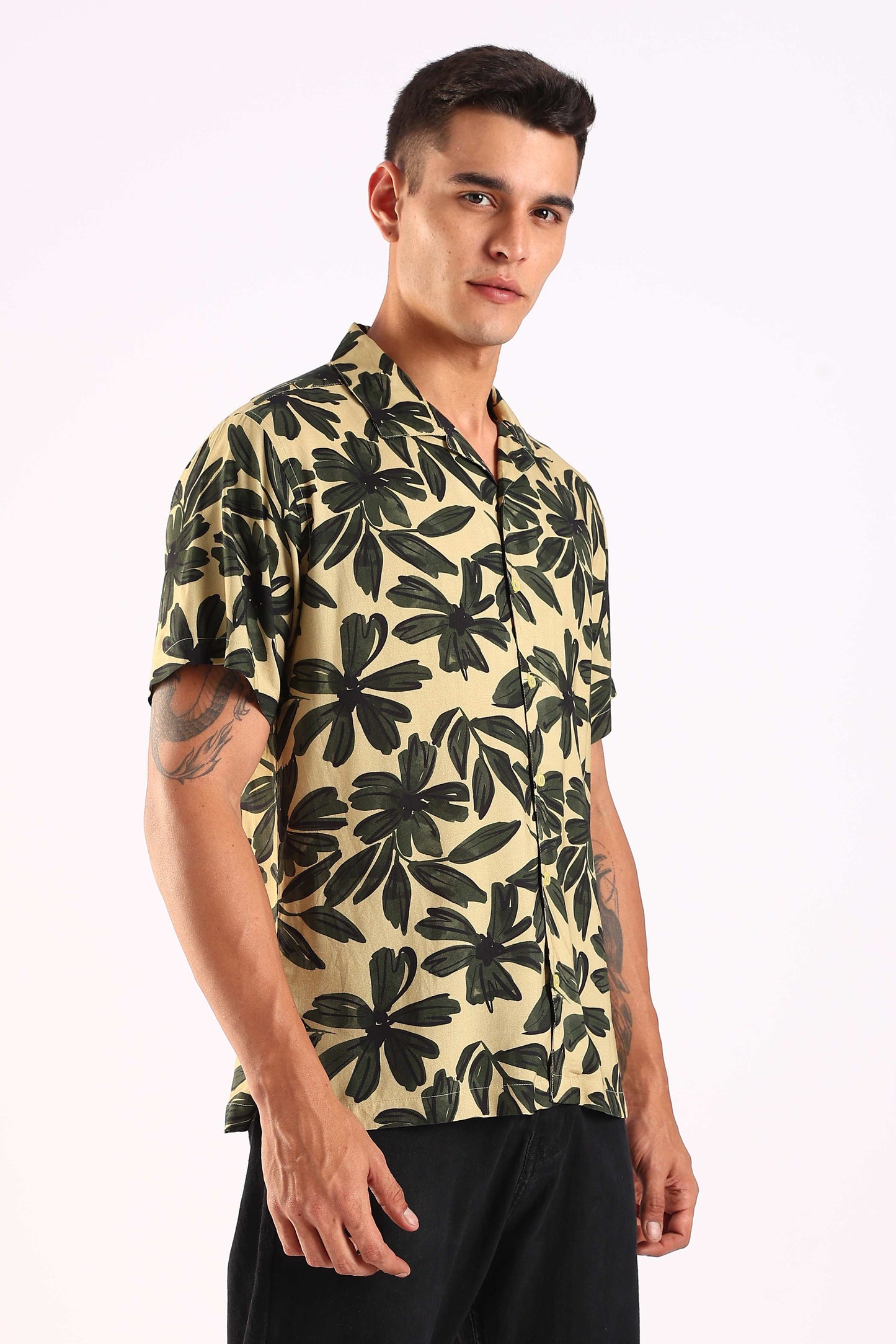 Beige Tropical Leaf Print Half Sleeve Shirt