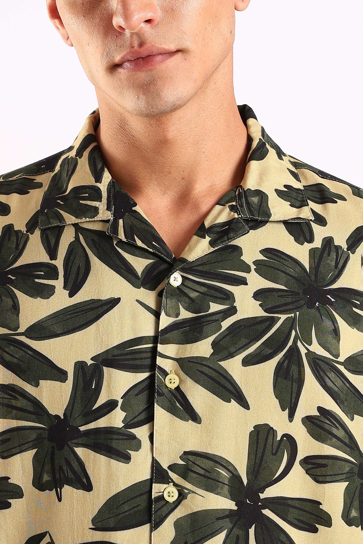 Beige Tropical Leaf Print Half Sleeve Shirt