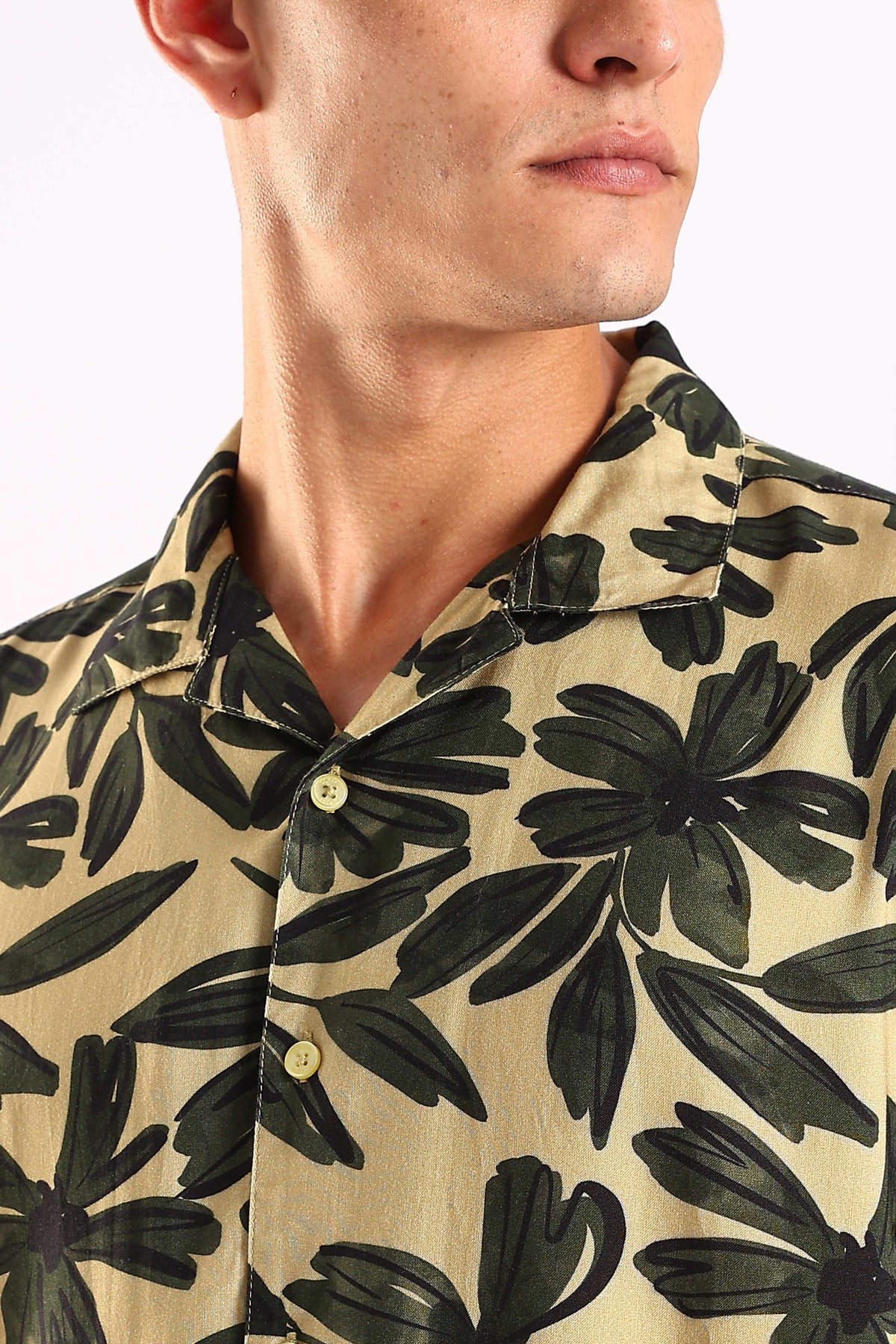 Beige Tropical Leaf Print Half Sleeve Shirt