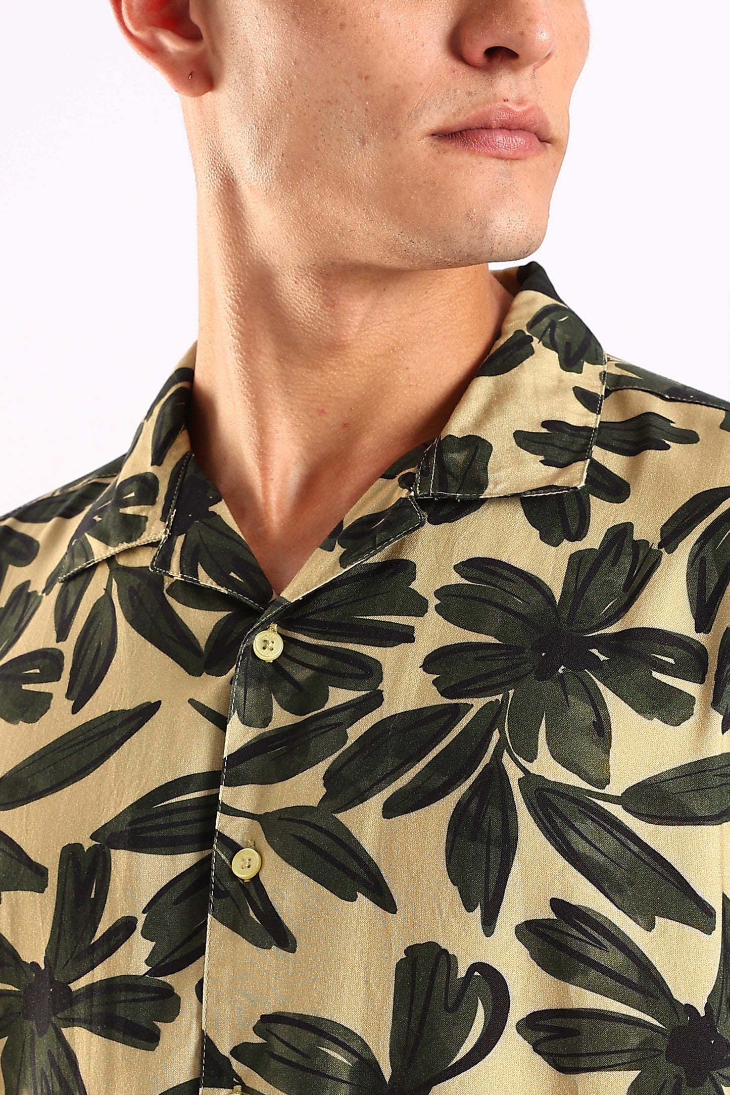 Beige Tropical Leaf Print Half Sleeve Shirt