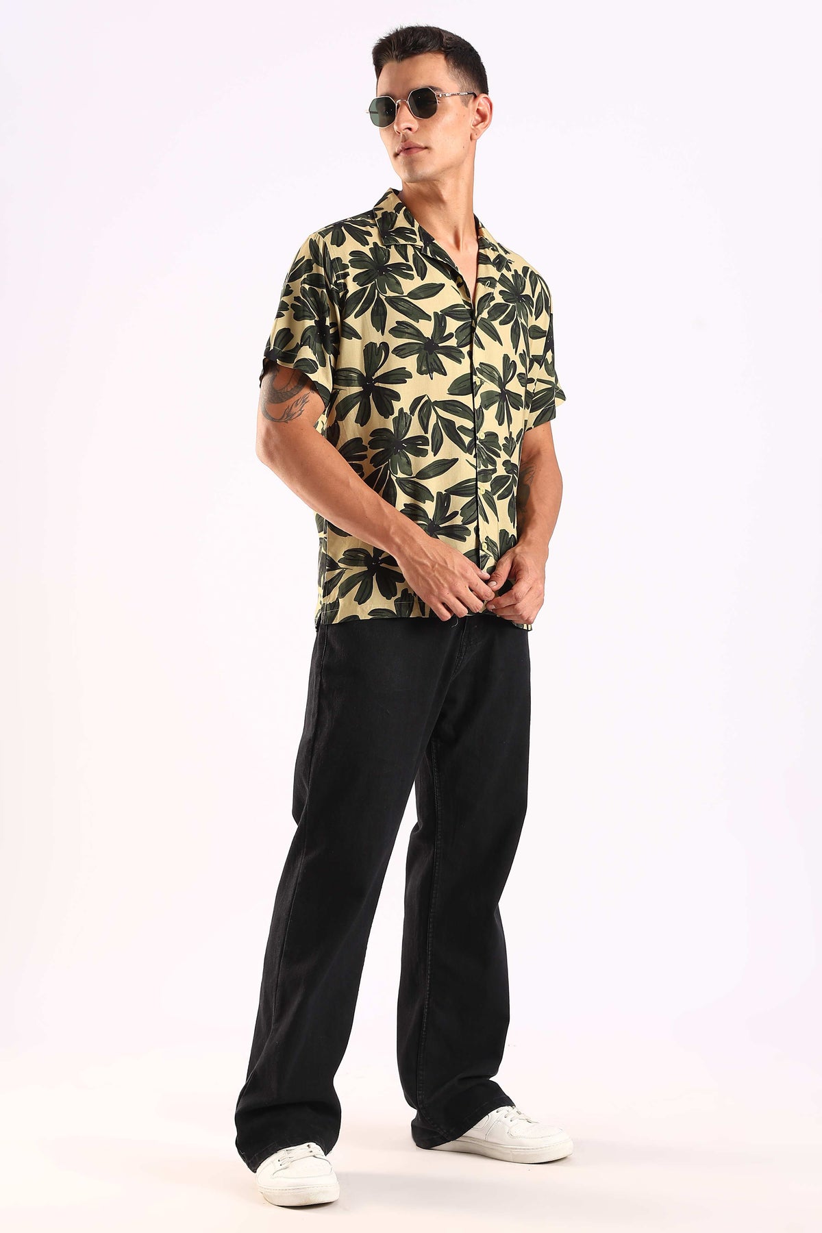 Beige Tropical Leaf Print Half Sleeve Shirt