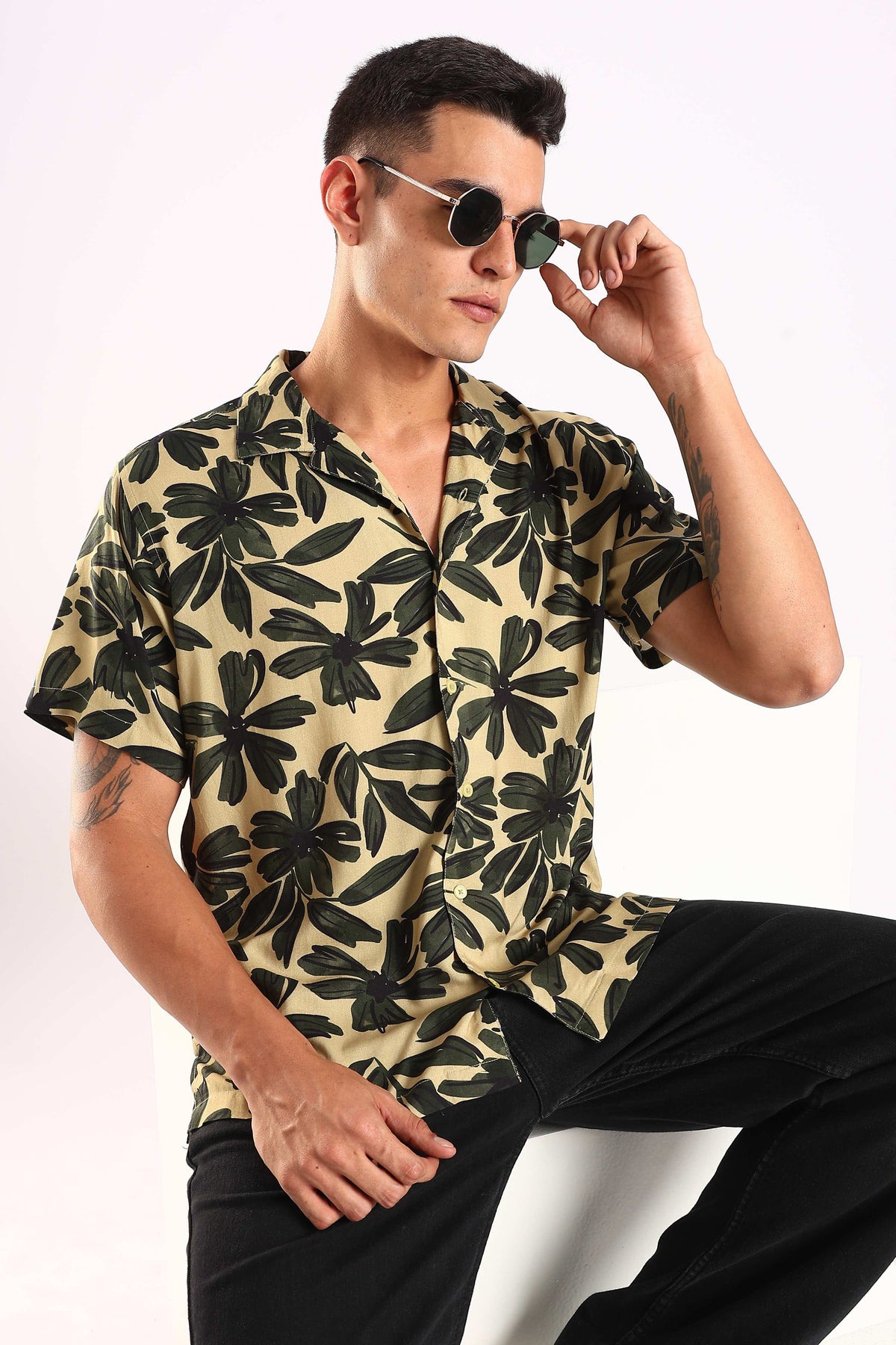 Beige Tropical Leaf Print Half Sleeve Shirt