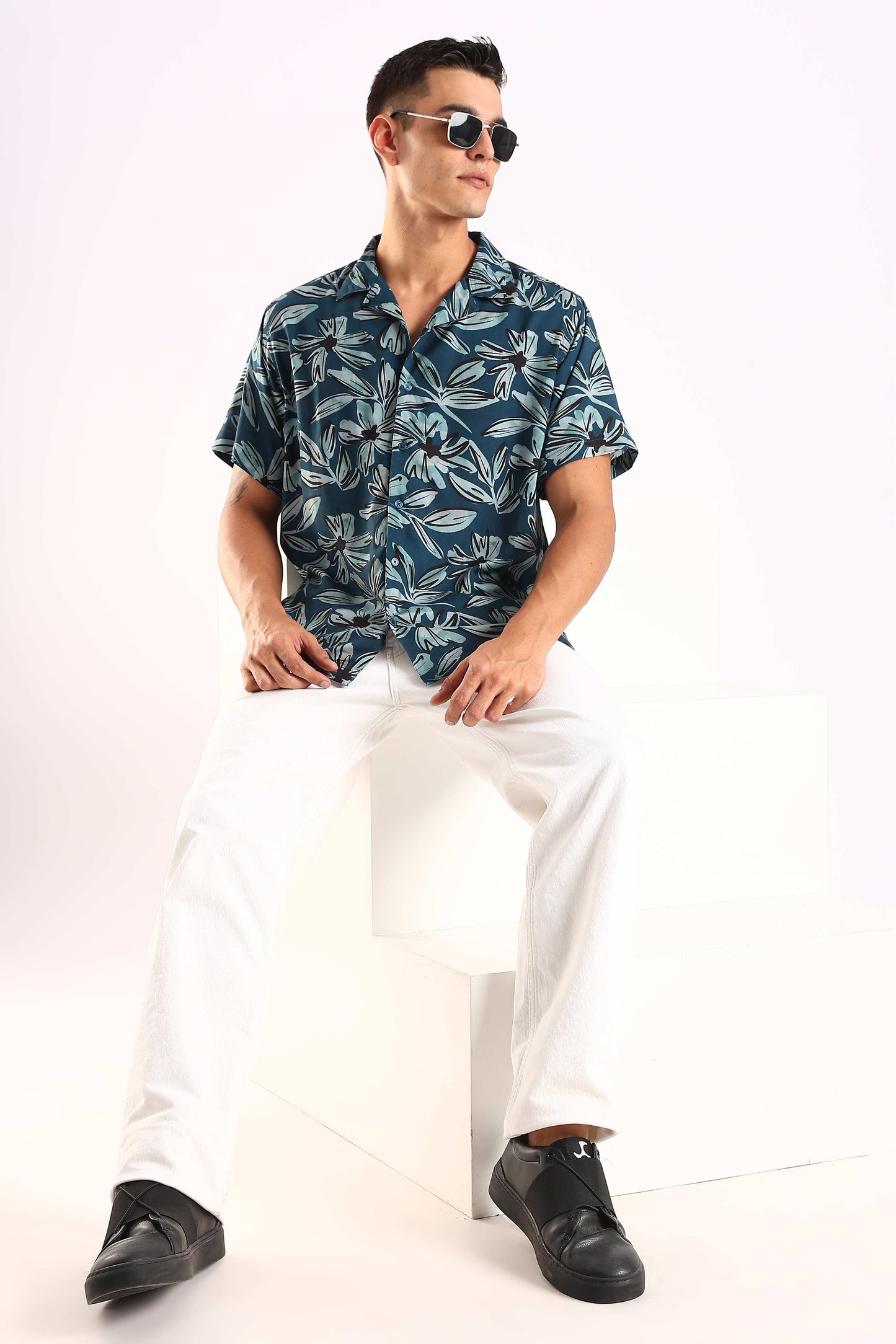 Teal Leaf Printed Half Sleeve Shirt