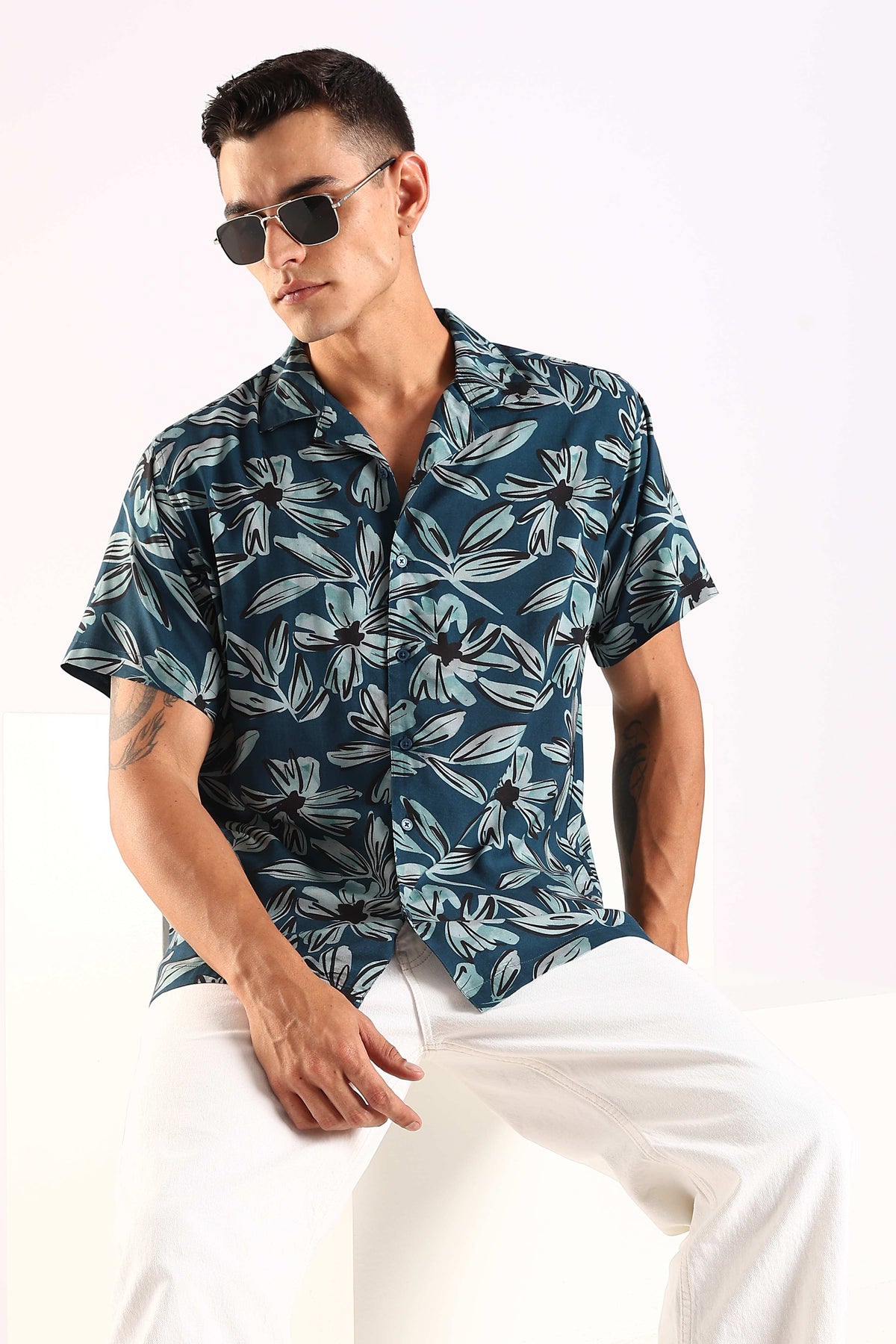 Teal Leaf Printed Half Sleeve Shirt