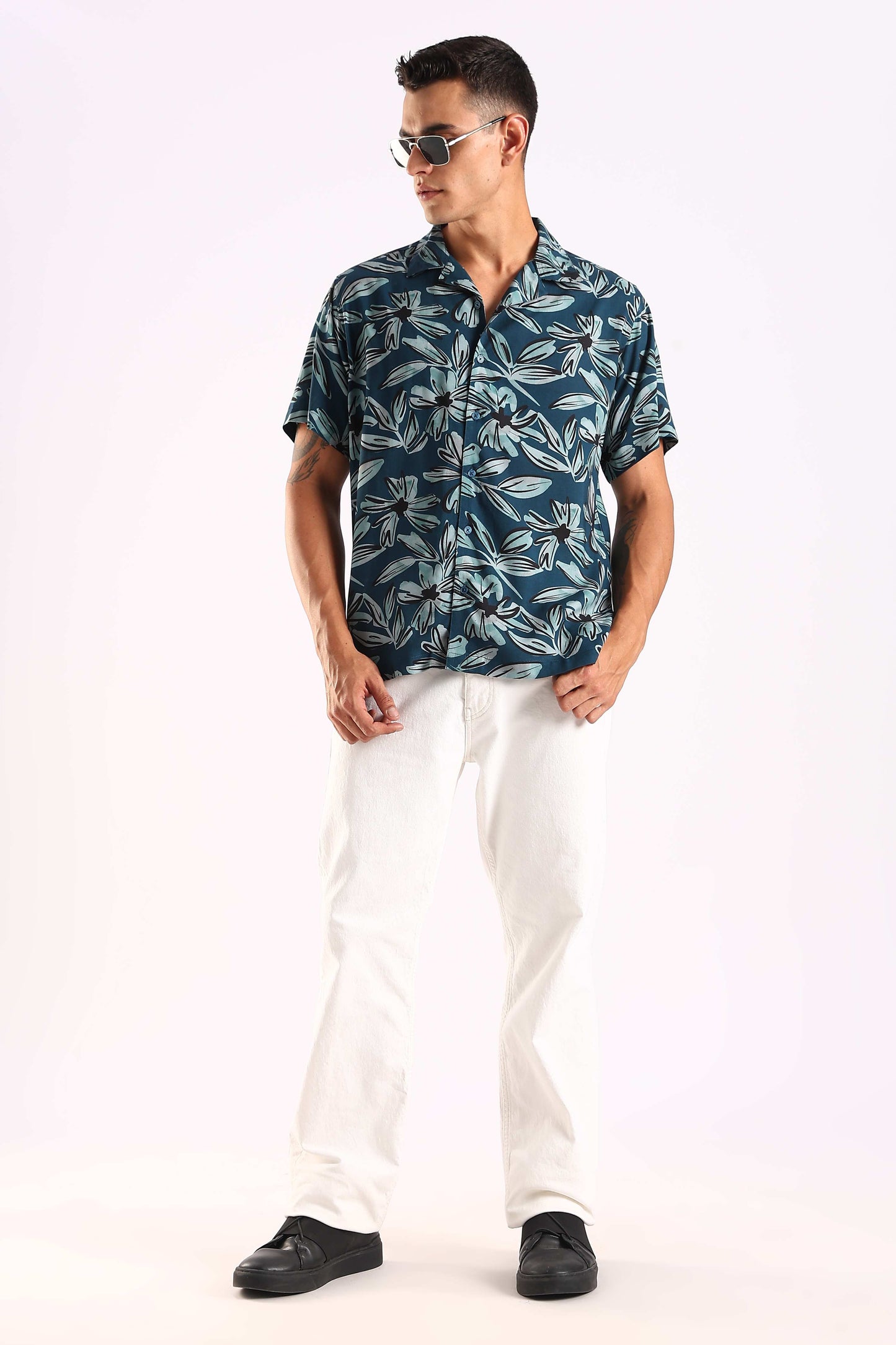 Teal Leaf Printed Half Sleeve Shirt