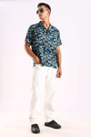 Teal Leaf Printed Half Sleeve Shirt