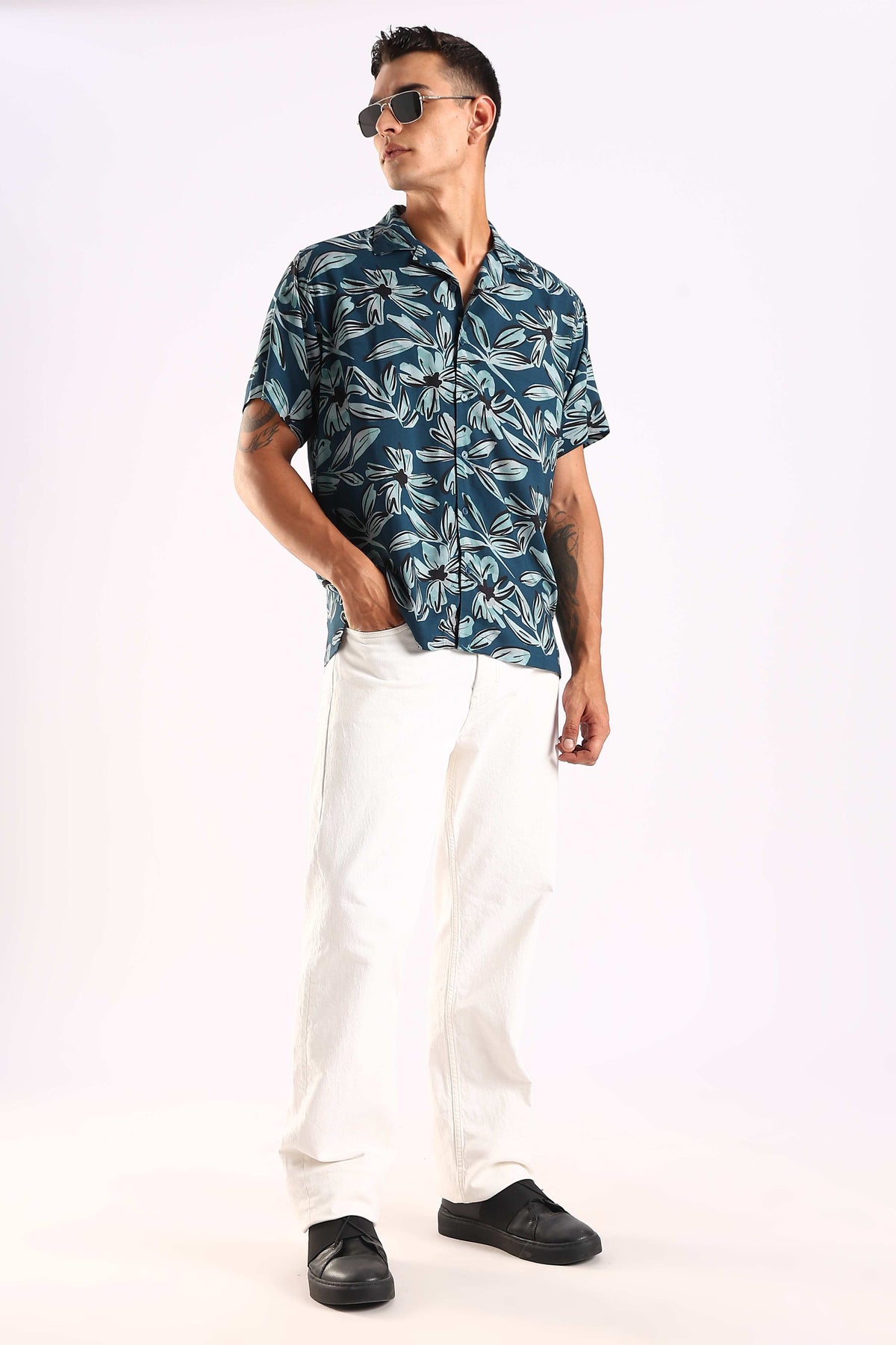 Teal Leaf Printed Half Sleeve Shirt