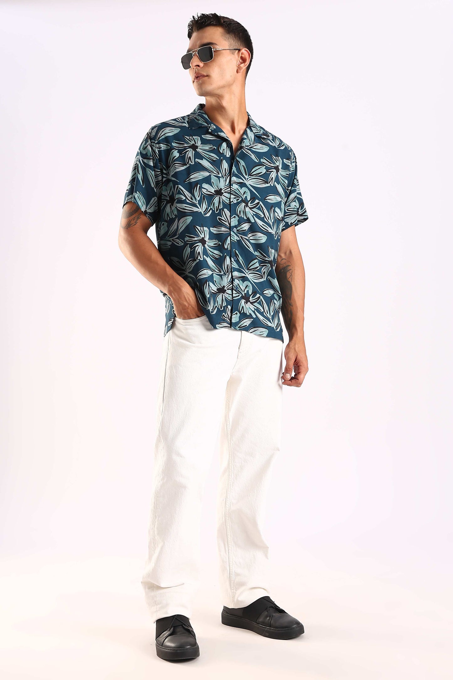 Teal Leaf Printed Half Sleeve Shirt