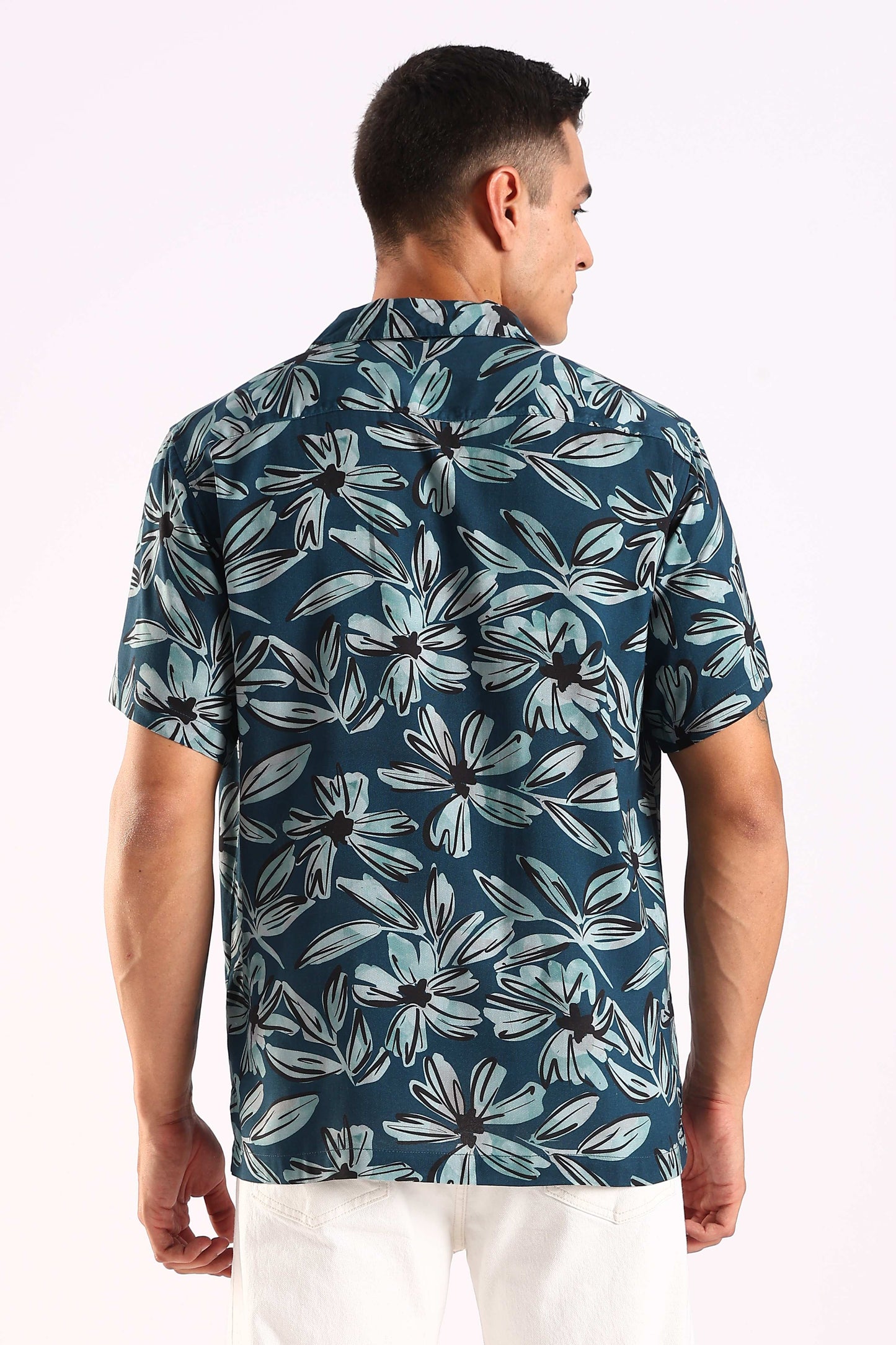 Teal Leaf Printed Half Sleeve Shirt
