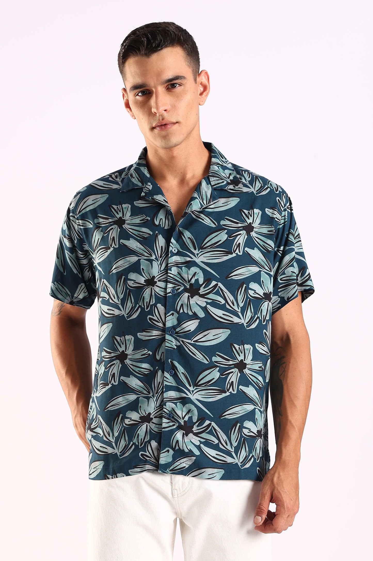 Teal Leaf Printed Half Sleeve Shirt