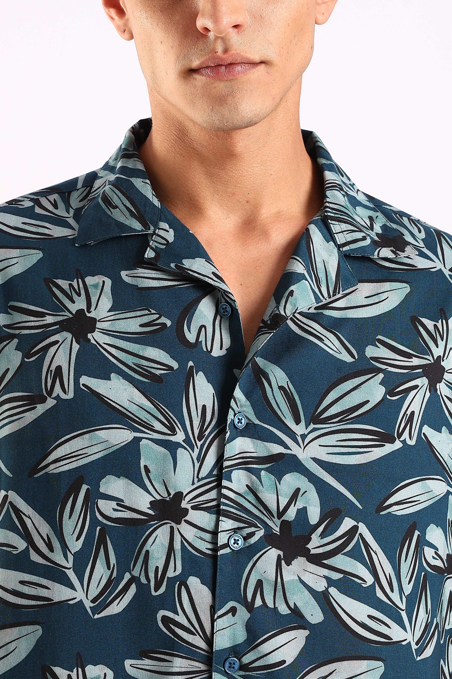 Teal Leaf Printed Half Sleeve Shirt