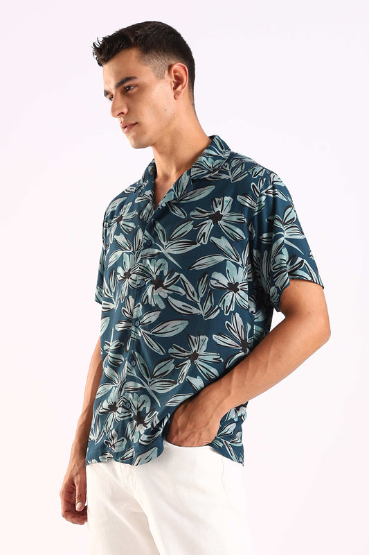 Teal Leaf Printed Half Sleeve Shirt