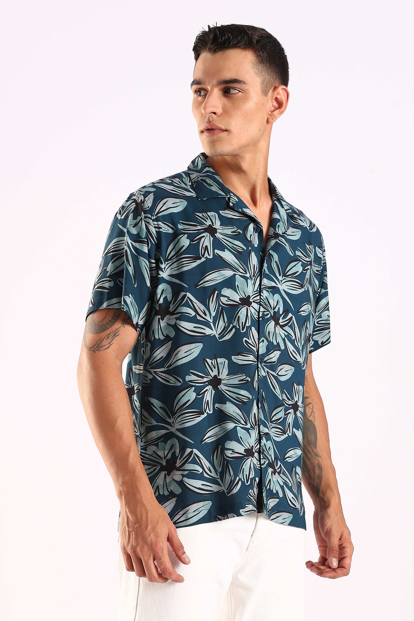 Teal Leaf Printed Half Sleeve Shirt