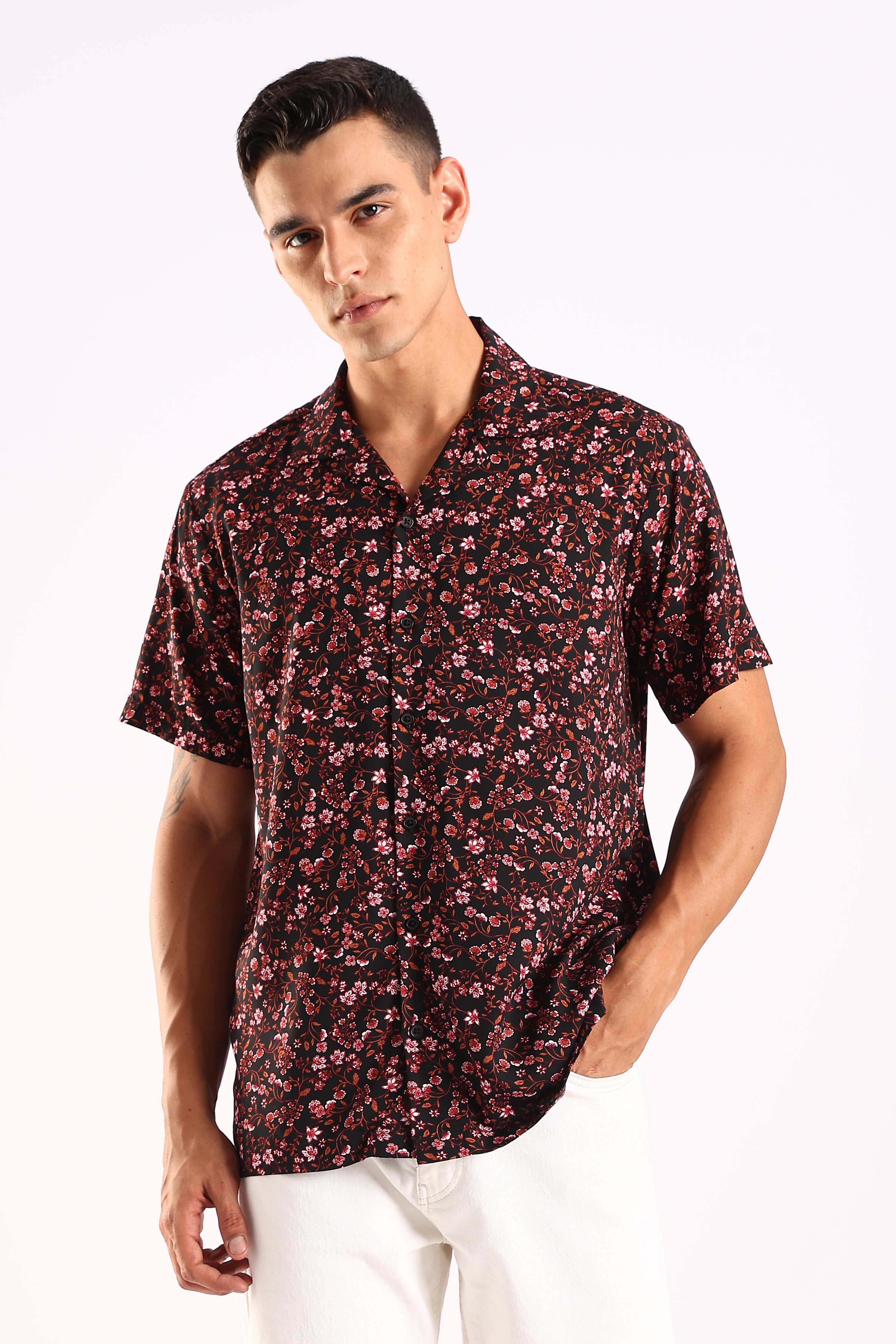 Black Floral Printed Half Sleeve Shirt
