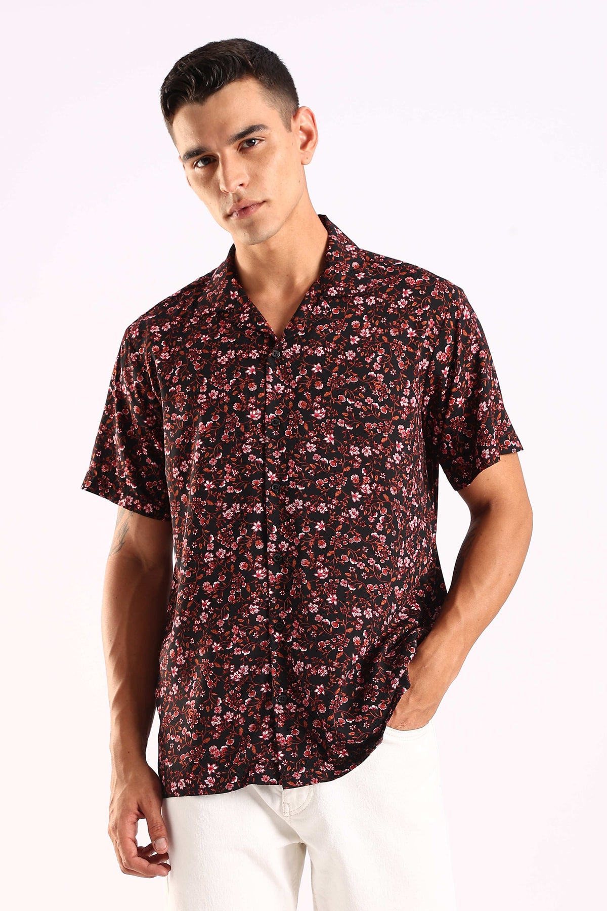 Black Floral Printed Half Sleeve Shirt