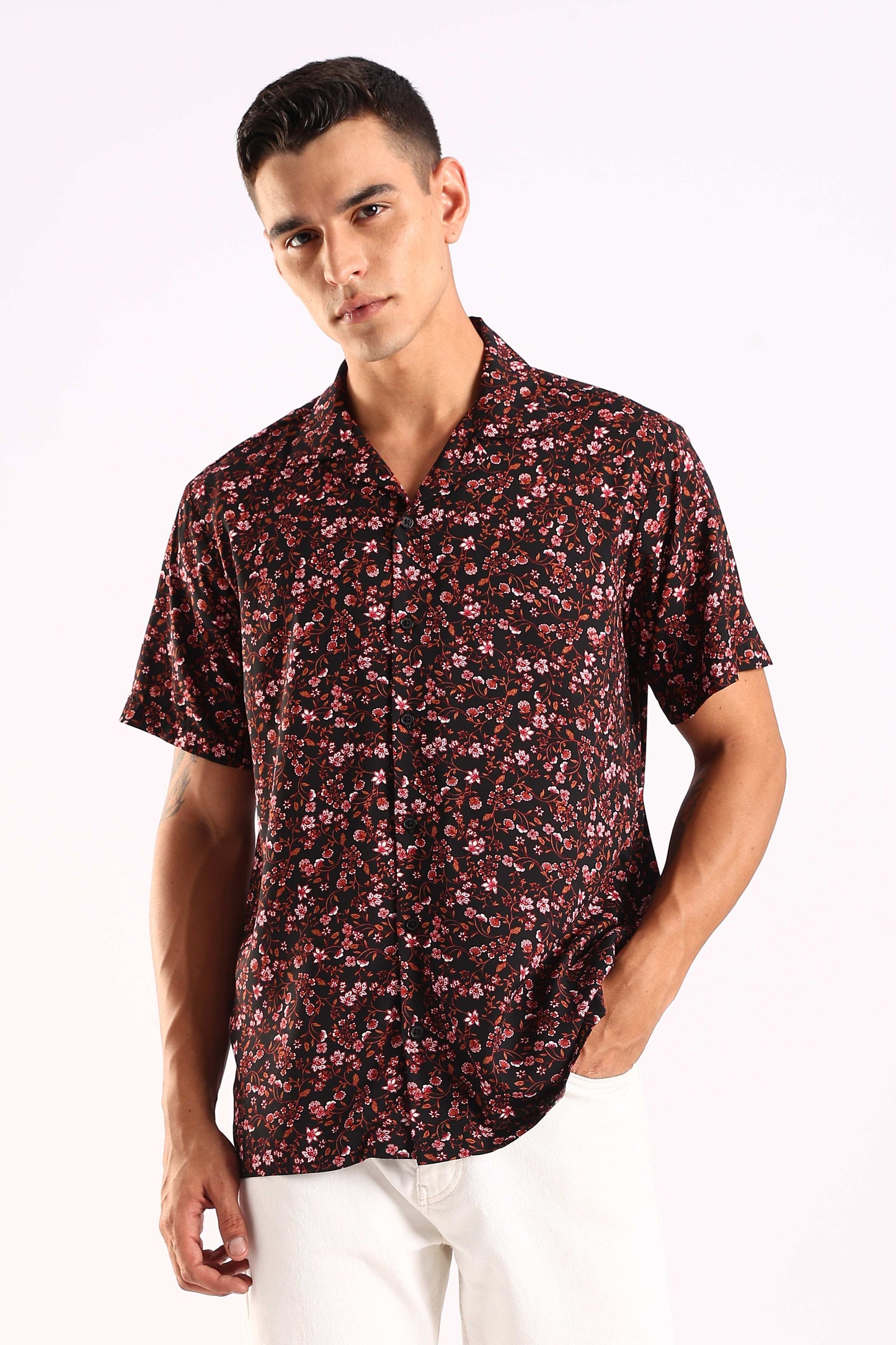 Black Floral Printed Half Sleeve Shirt