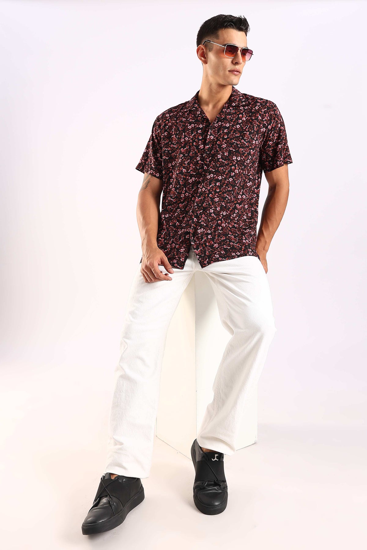 Black Floral Printed Half Sleeve Shirt