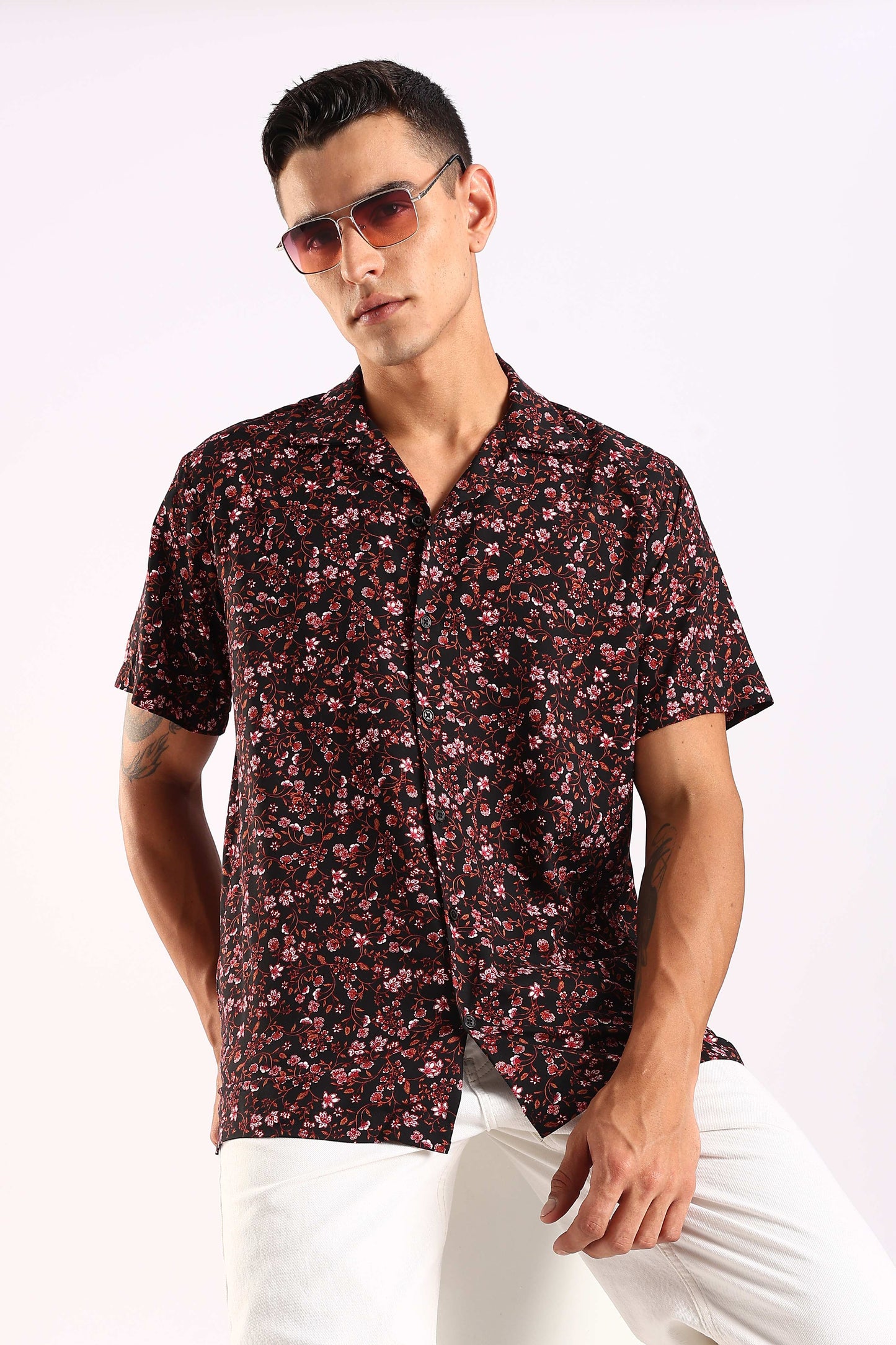 Black Floral Printed Half Sleeve Shirt