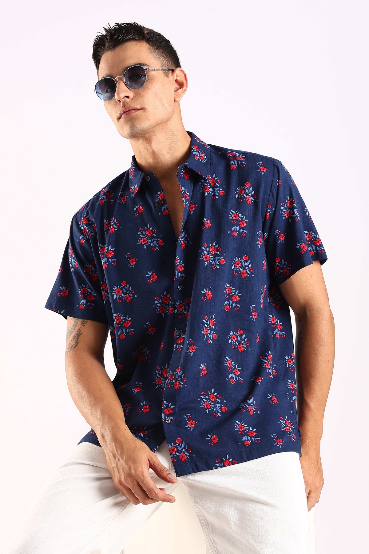Navy Blue Floral Print Half Sleeve Shirt