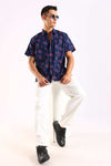 Navy Blue Floral Print Half Sleeve Shirt