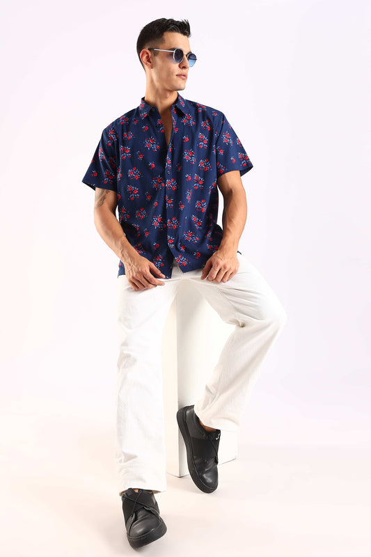 Navy Blue Floral Print Half Sleeve Shirt