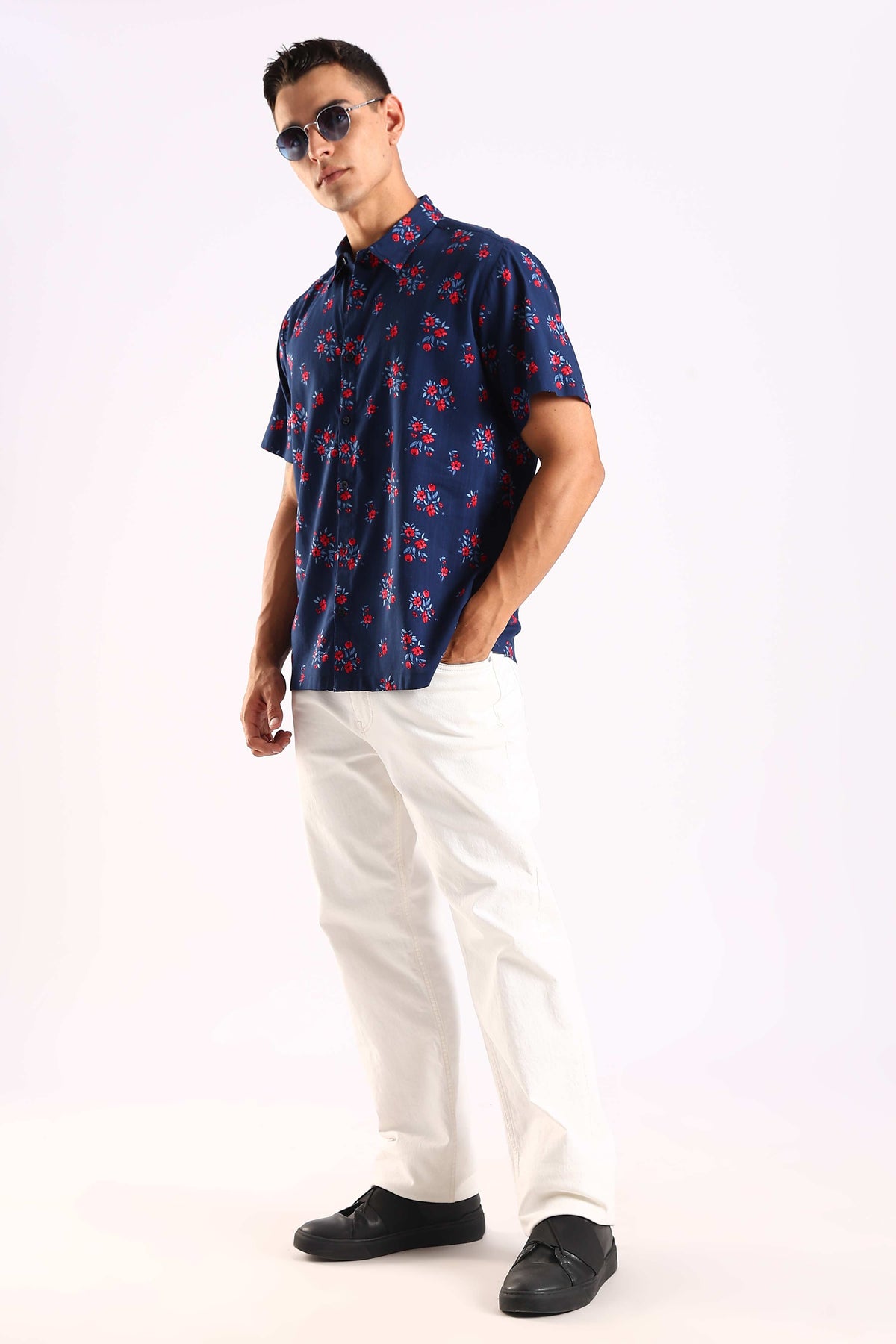 Navy Blue Floral Print Half Sleeve Shirt