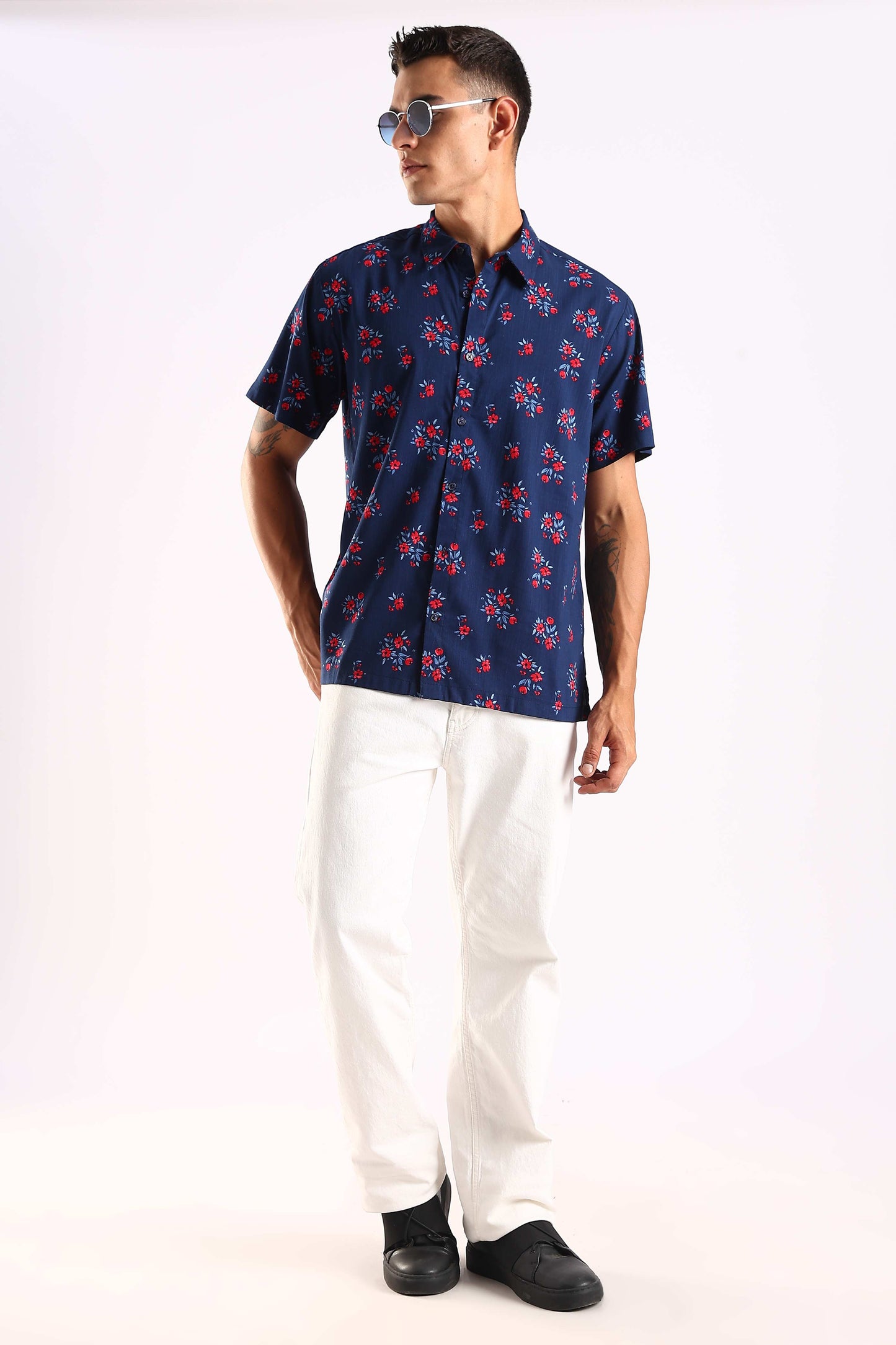 Navy Blue Floral Print Half Sleeve Shirt
