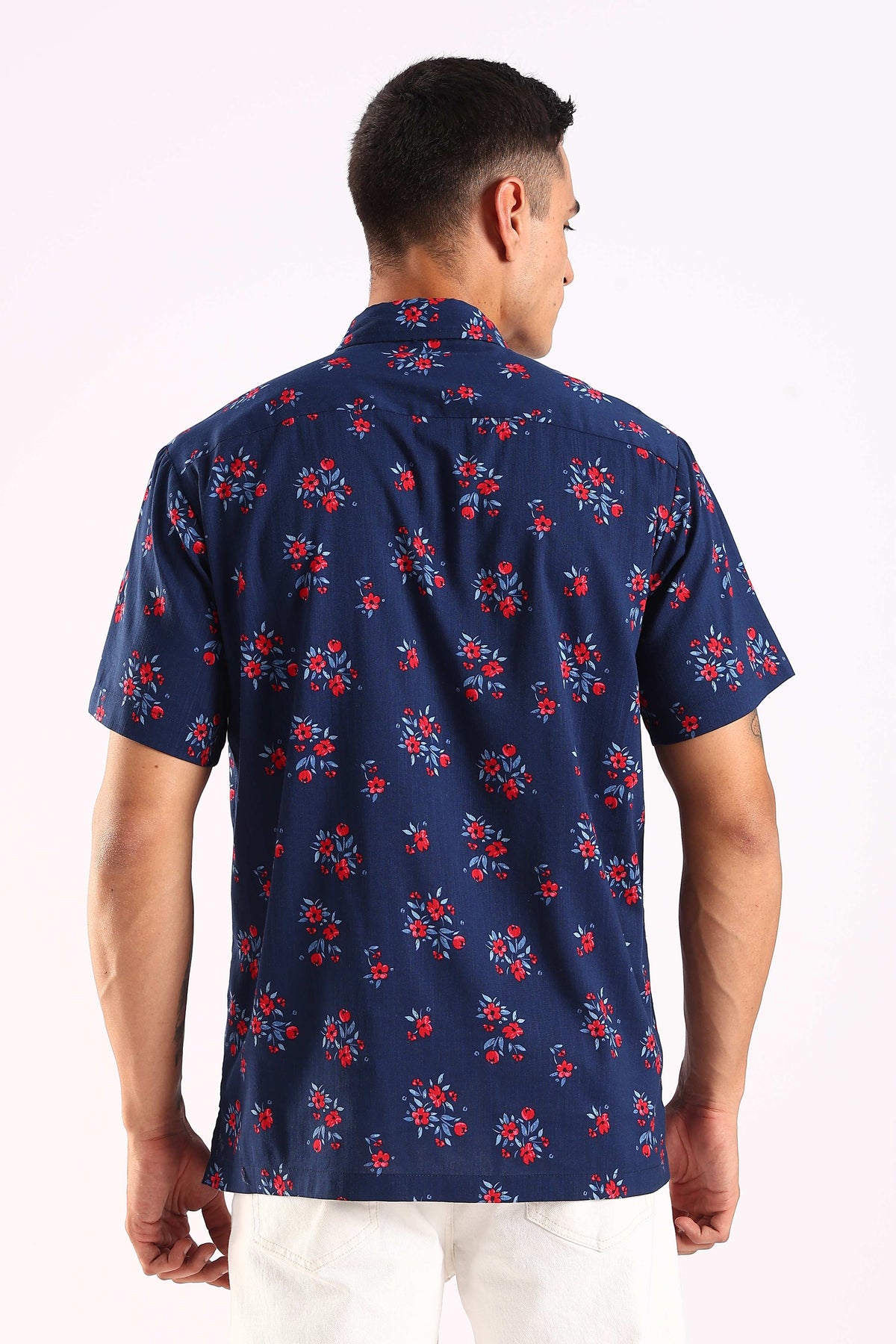 Navy Blue Floral Print Half Sleeve Shirt