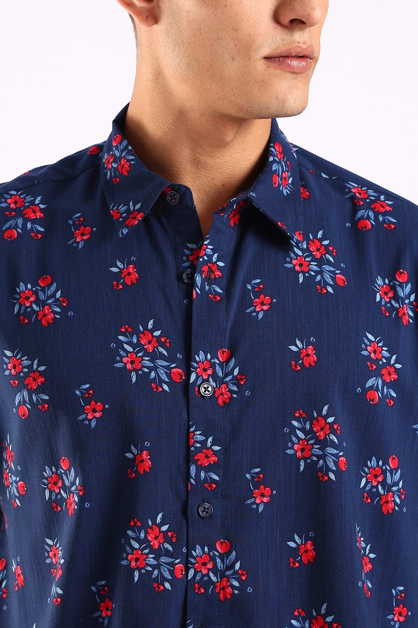Navy Blue Floral Print Half Sleeve Shirt