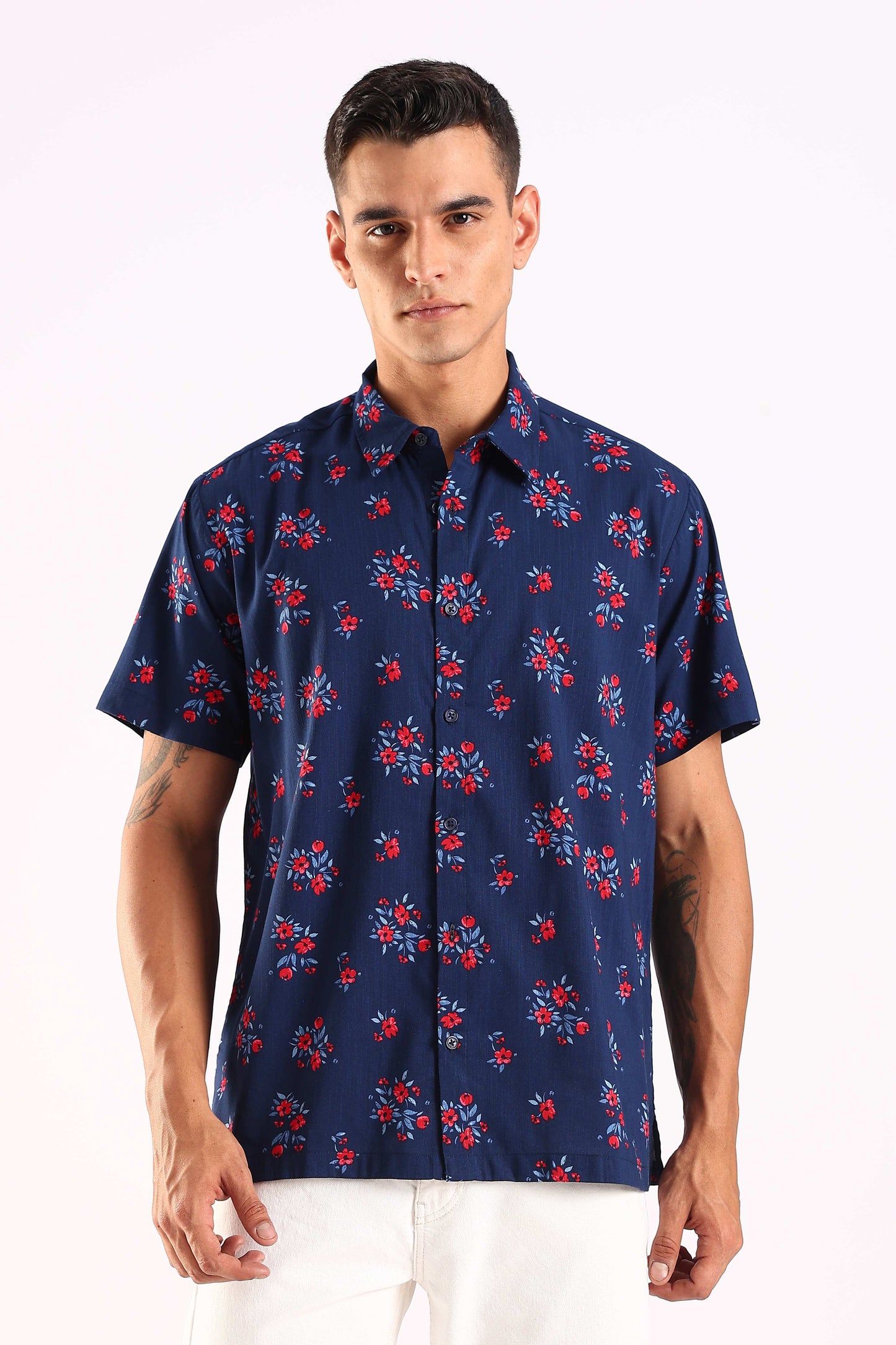 Navy Blue Floral Print Half Sleeve Shirt