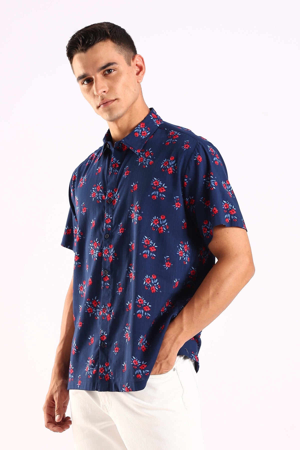 Navy Blue Floral Print Half Sleeve Shirt