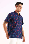 Navy Blue Floral Print Half Sleeve Shirt