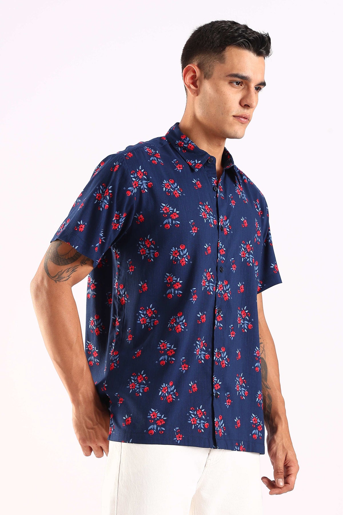Navy Blue Floral Print Half Sleeve Shirt