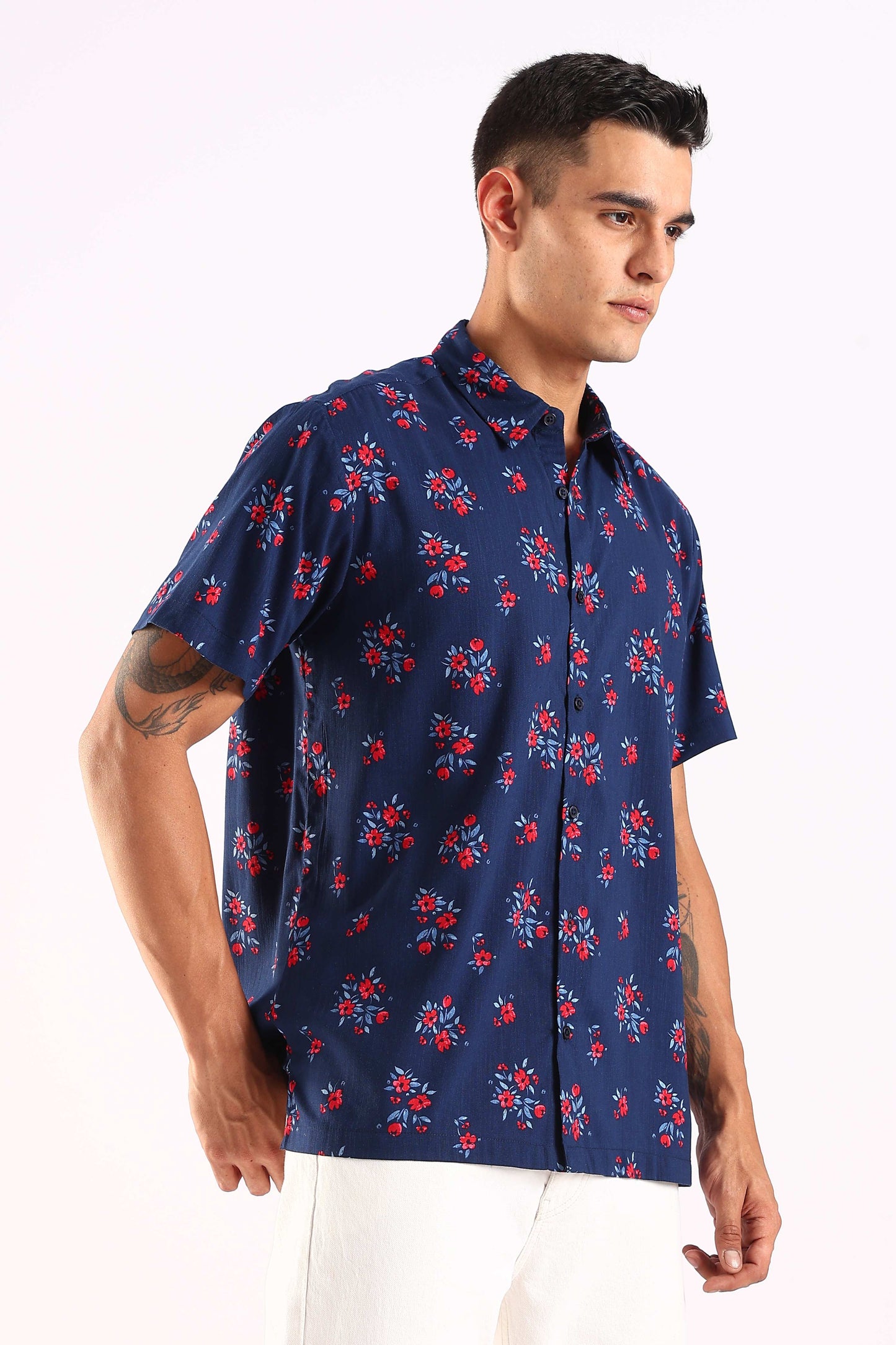 Navy Blue Floral Print Half Sleeve Shirt
