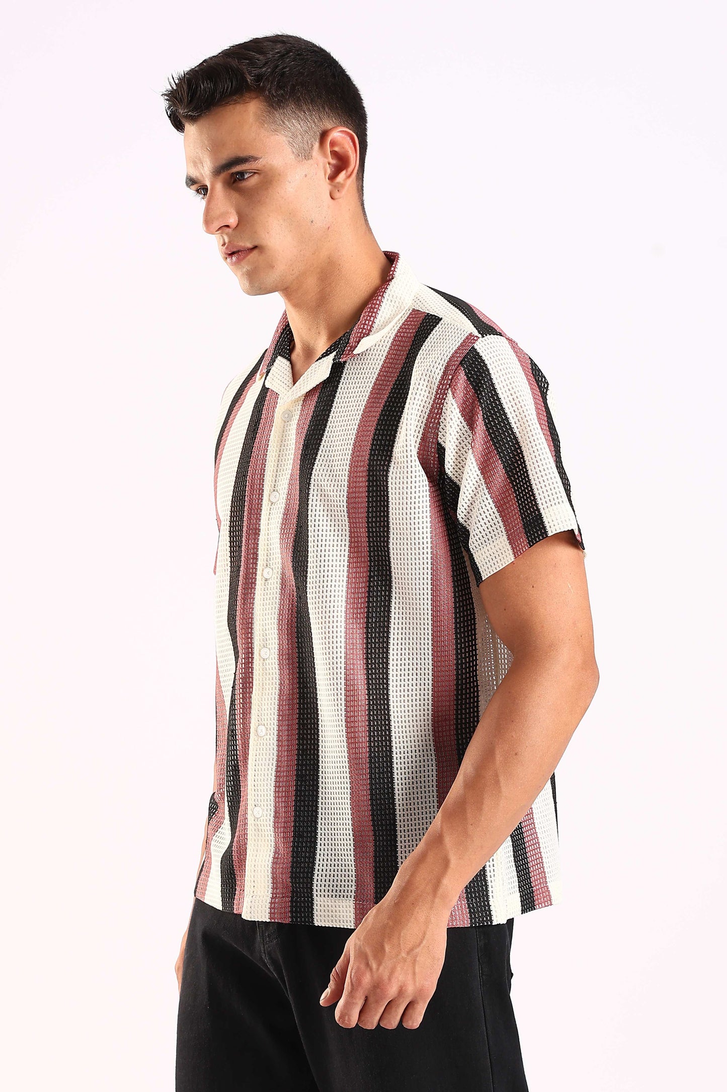 Crochet Maroon & Black Stripe Half Sleeve Shirt