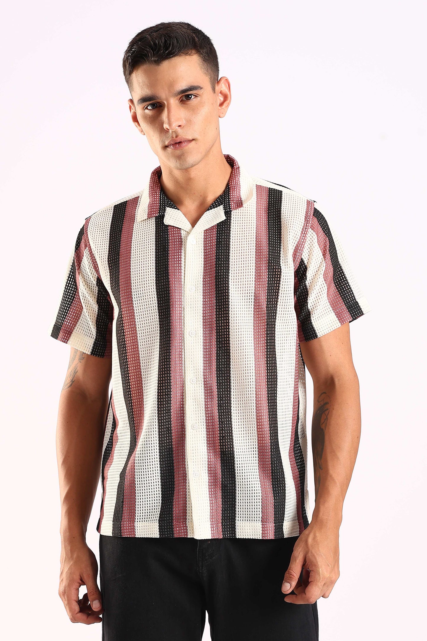 Crochet Maroon & Black Stripe Half Sleeve Shirt