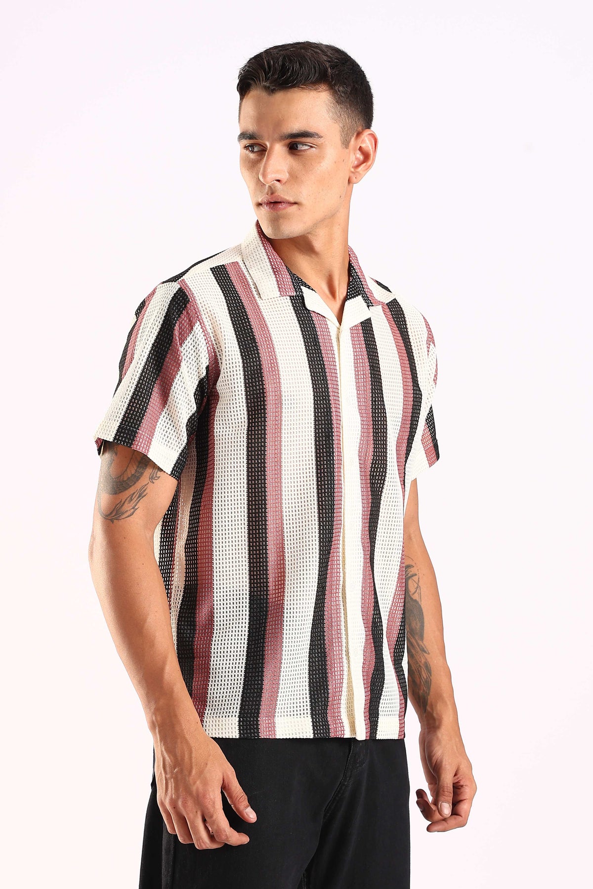 Crochet Maroon & Black Stripe Half Sleeve Shirt