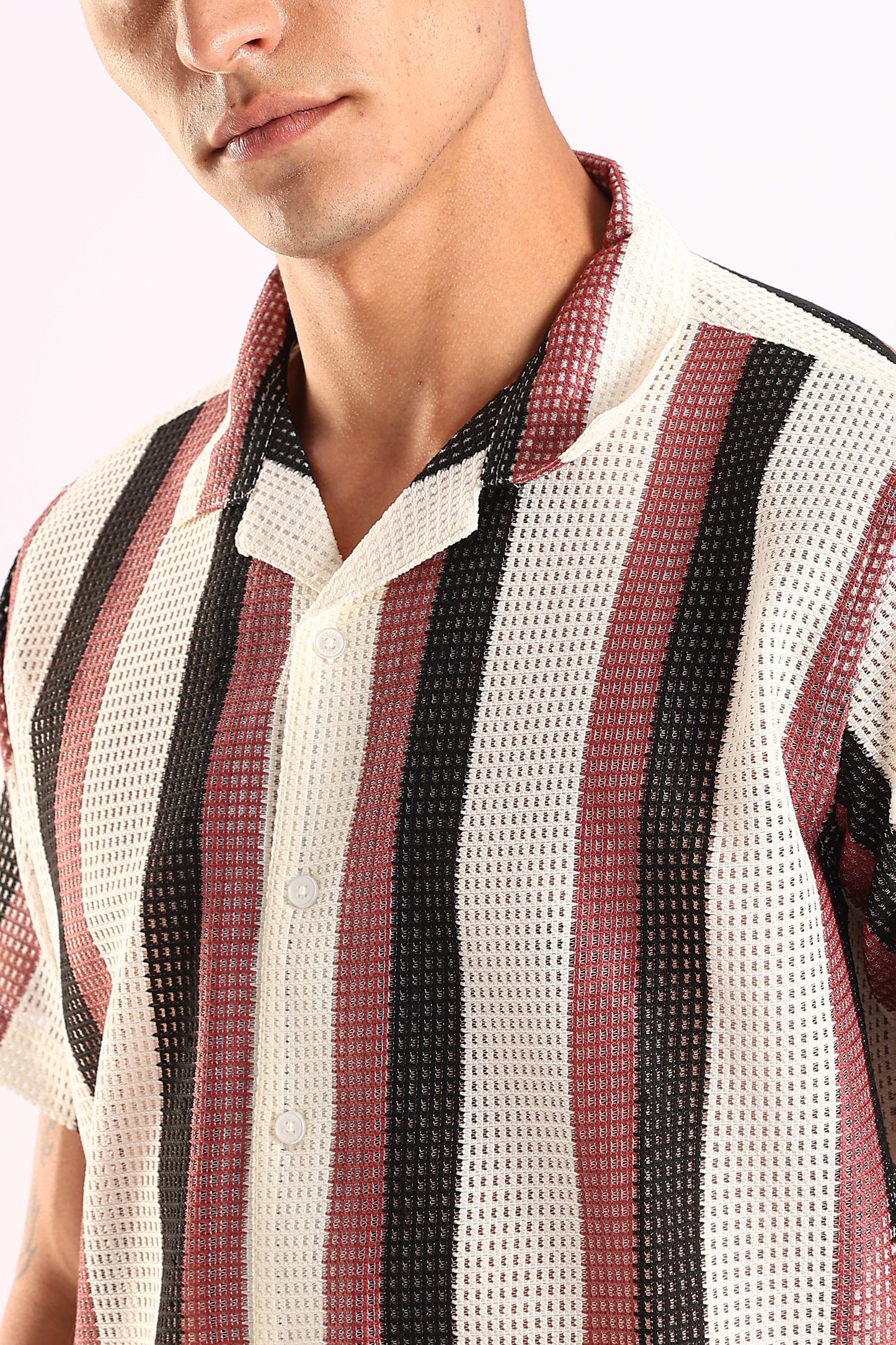 Crochet Maroon & Black Stripe Half Sleeve Shirt