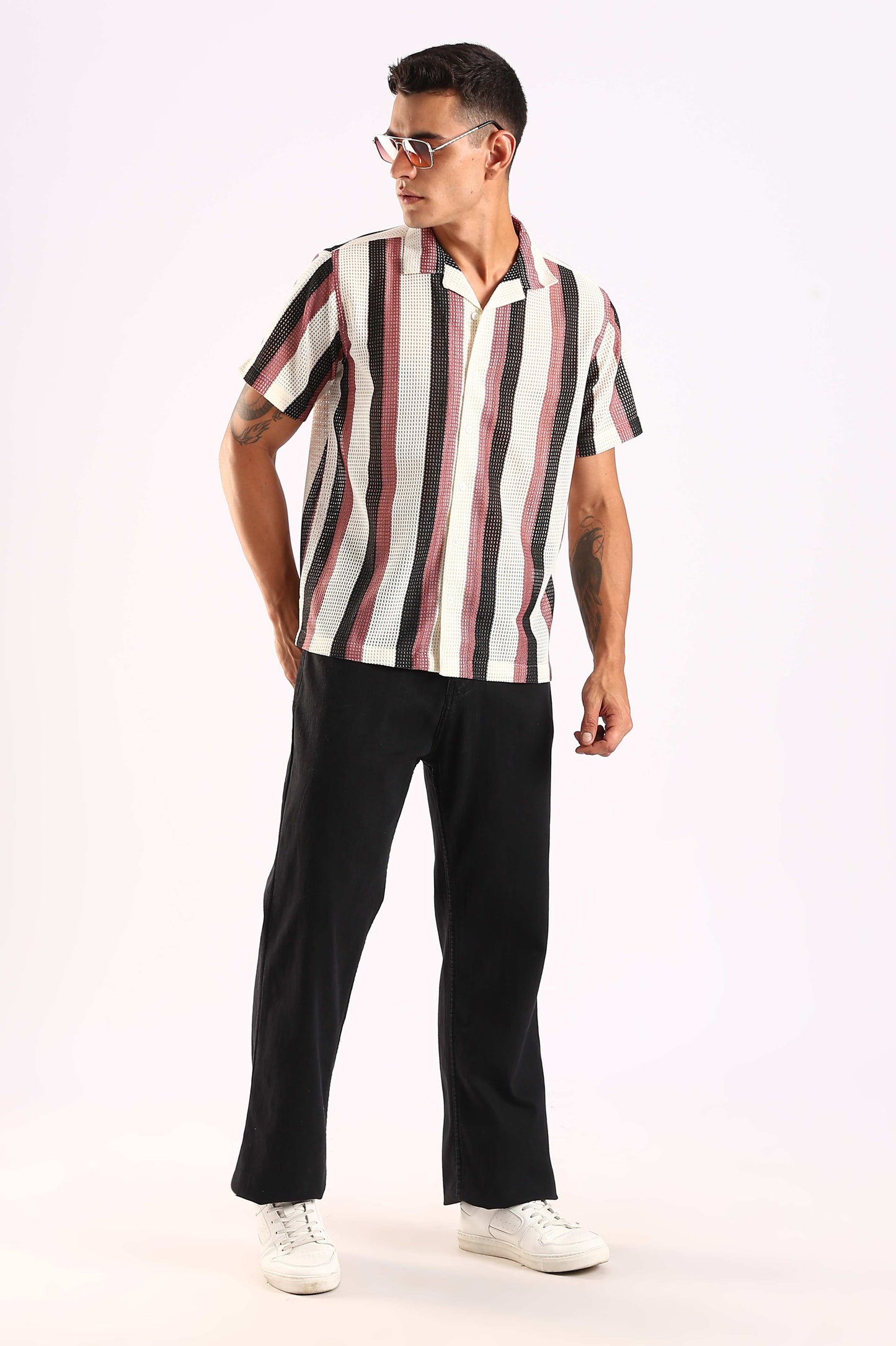 Crochet Maroon & Black Stripe Half Sleeve Shirt