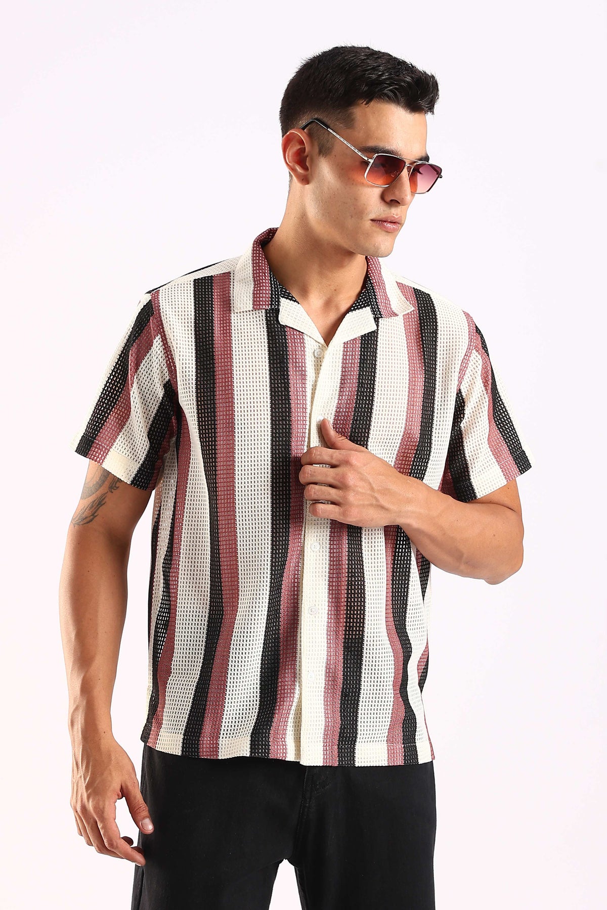 Crochet Maroon & Black Stripe Half Sleeve Shirt