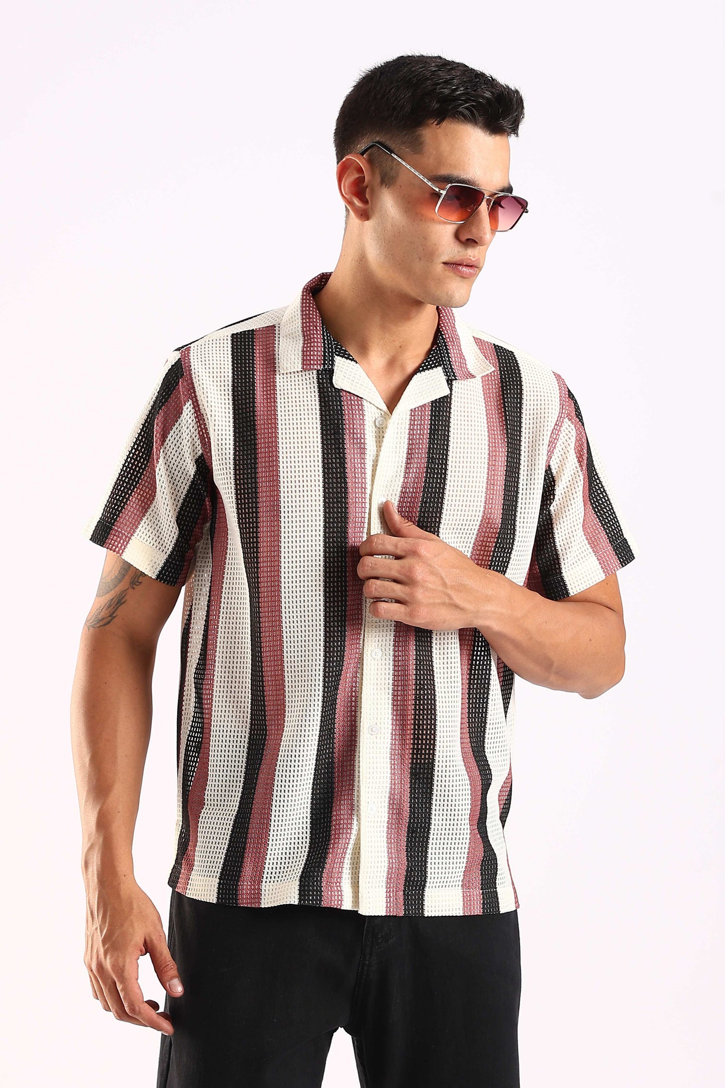 Crochet Maroon & Black Stripe Half Sleeve Shirt